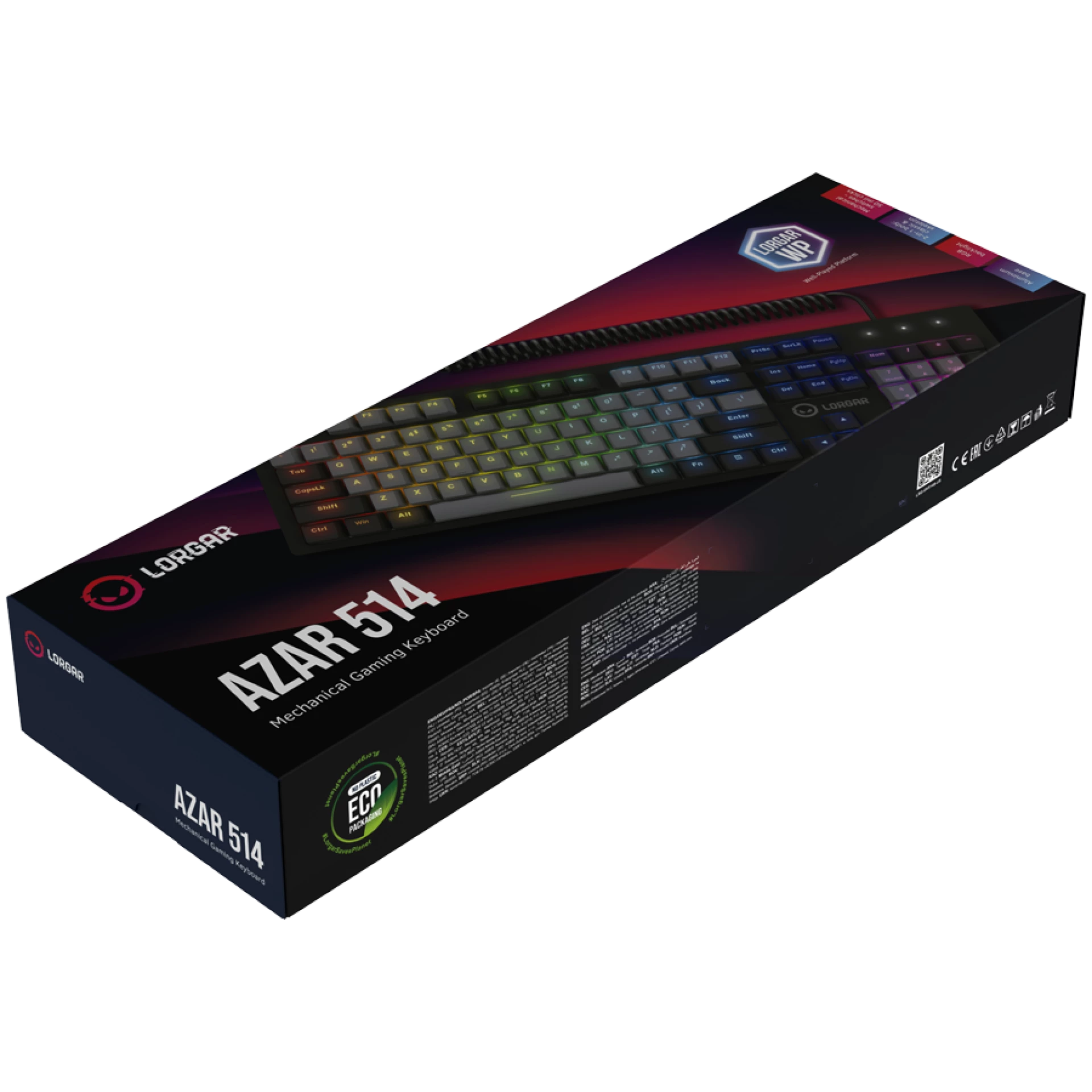 LORGAR Azar 514, Wired mechanical gaming keyboard, RGB backlight, 1680000 colour variations, 18 modes, keys number: 104, 50M clicks, linear dream switches, spring cable up to 3.4m, ABS plastic+metal, magnetic cover, 450*136*39mm, 1.17kg, black, EN layout