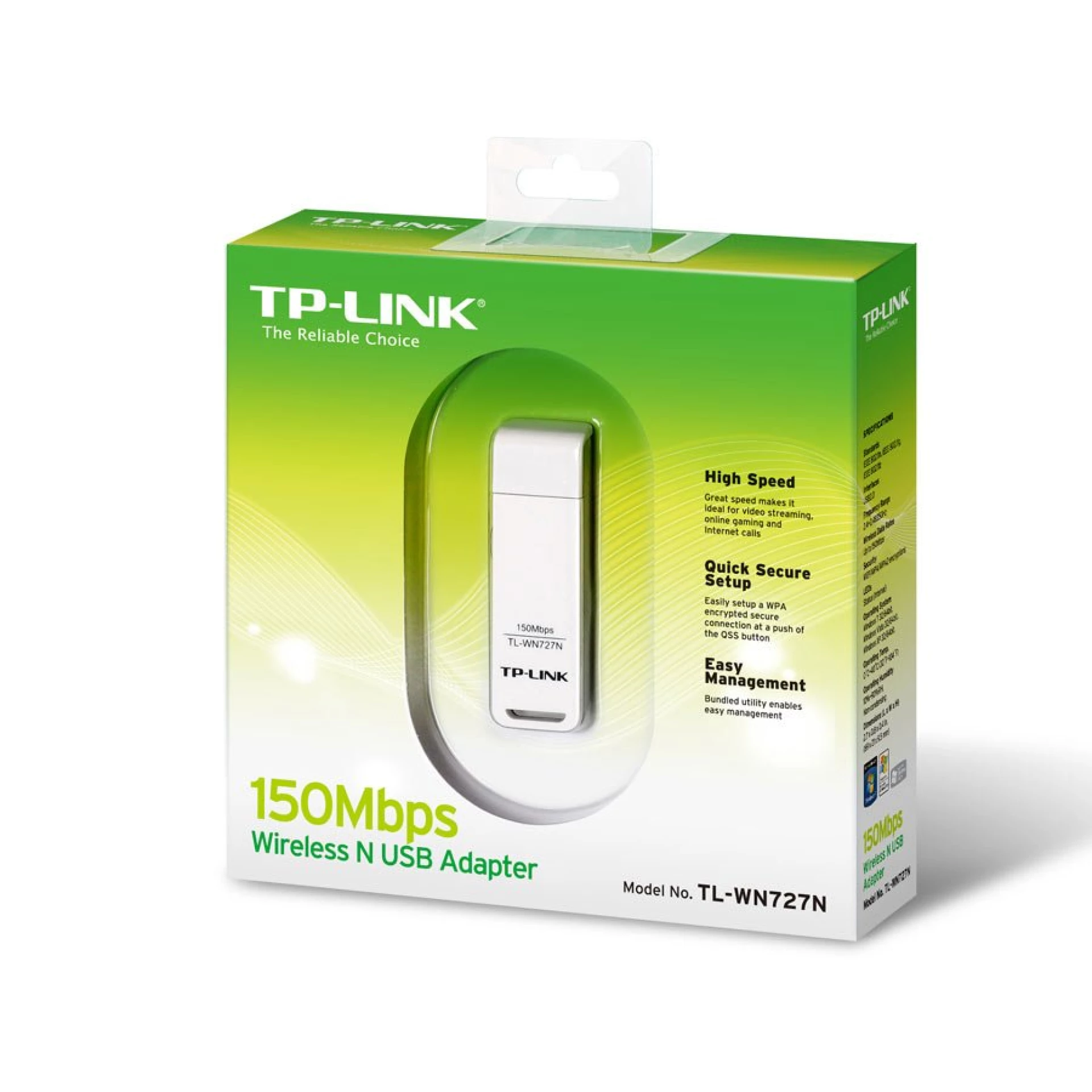 TP-Link TL-WN727N 150Mbps Wi-Fi USB Adapter, 150 Mbps at 2.4 GHz, USB 2.0, WPS Button, Supports Windows 11/10/8.1/8/7/XP, Mac OS 10.15 and earlier, Linux, WPA/WPA2 encryption