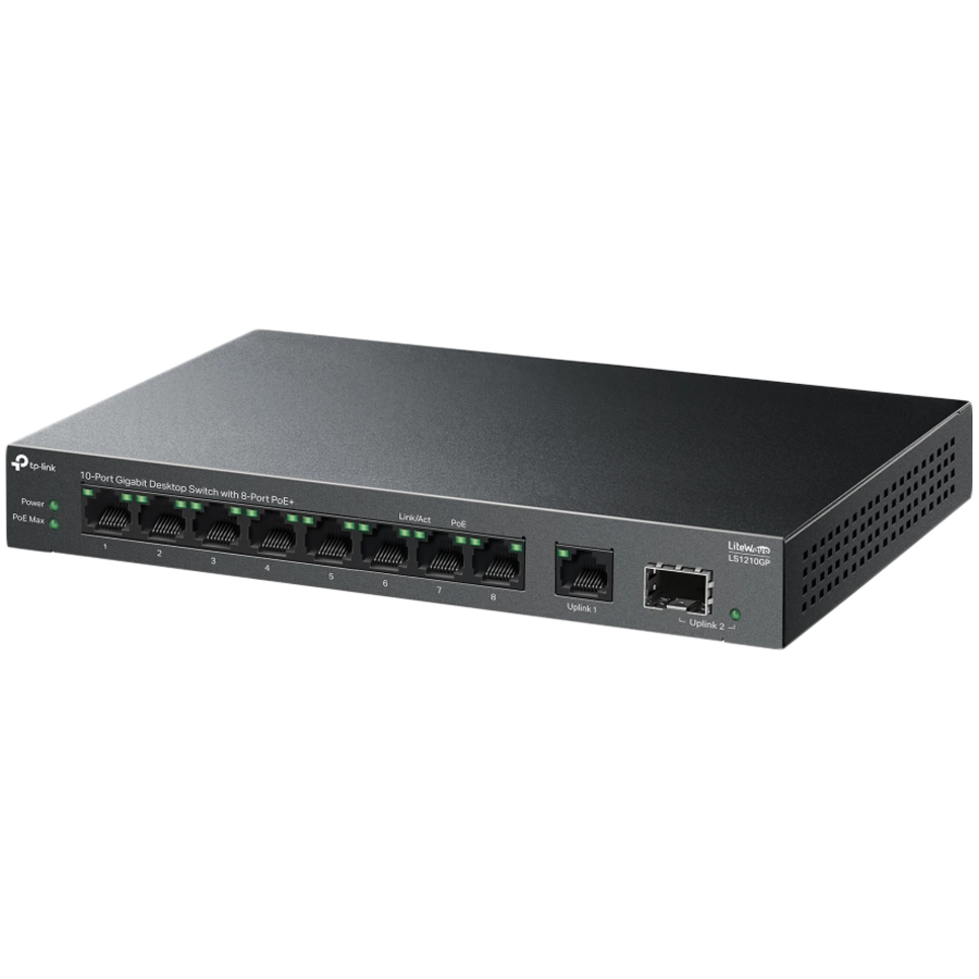 TP-Link LS1210GP 10-Port Gigabit Desktop Switch with 8-Port PoE+, 8× Gigabit PoE+ Ports, 1x Gigabit Non-PoE Port, 1× Gigabit SFP Slot, 61 W PoE Power, Desktop Steel Case, Extend Mode for 250m PoE Transmitting, Isolation Mode, PoE Auto Recovery