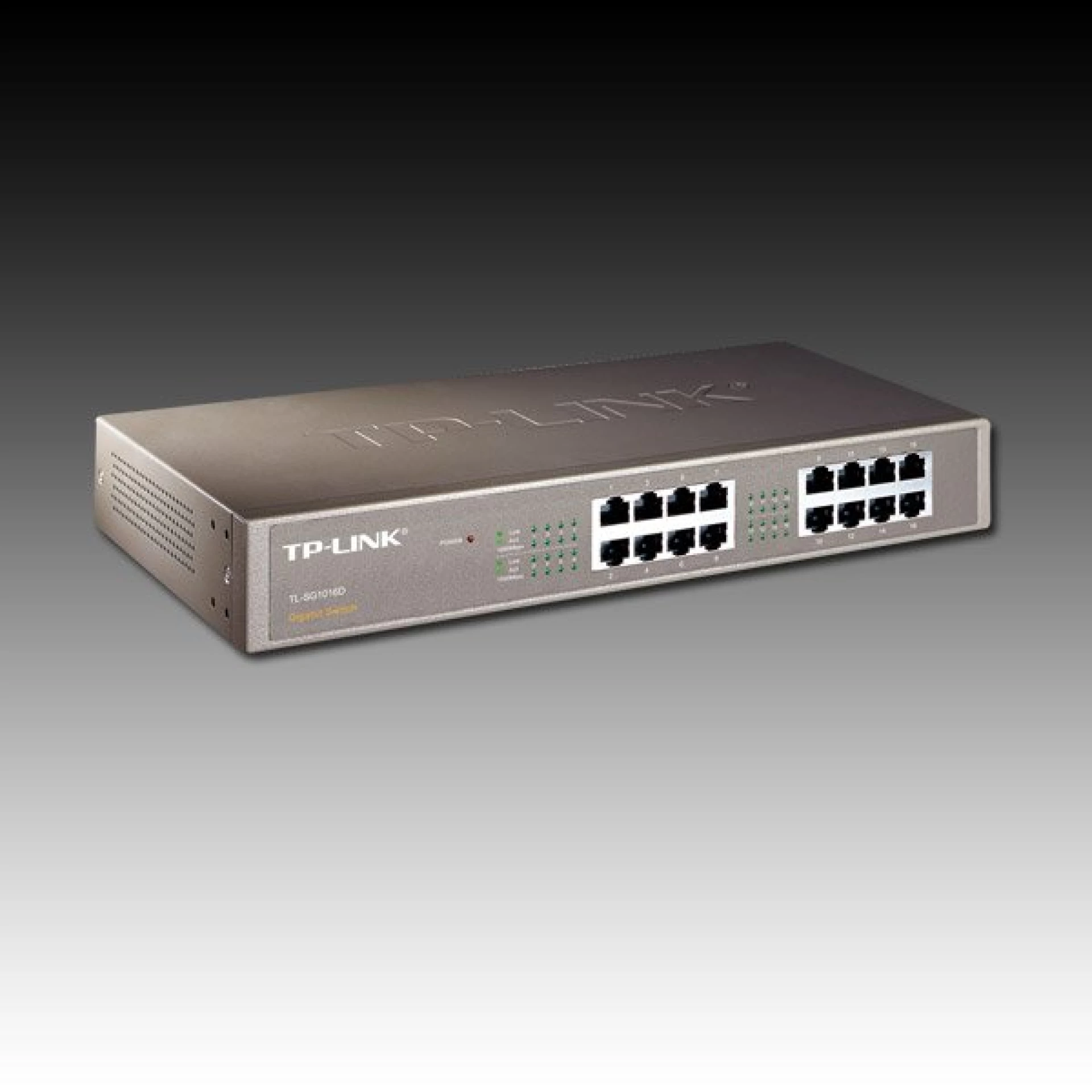 TP-Link 16-Port Gigabit Desktop/Rackmount Switch, 16 10/100/1000M RJ45 ports, 1U 13-inch rack-mountable steel case, energy-efficient technology, supports MAC address self-learning, Auto MDI/MDIX and Auto negotiation, Jumbo Frame support