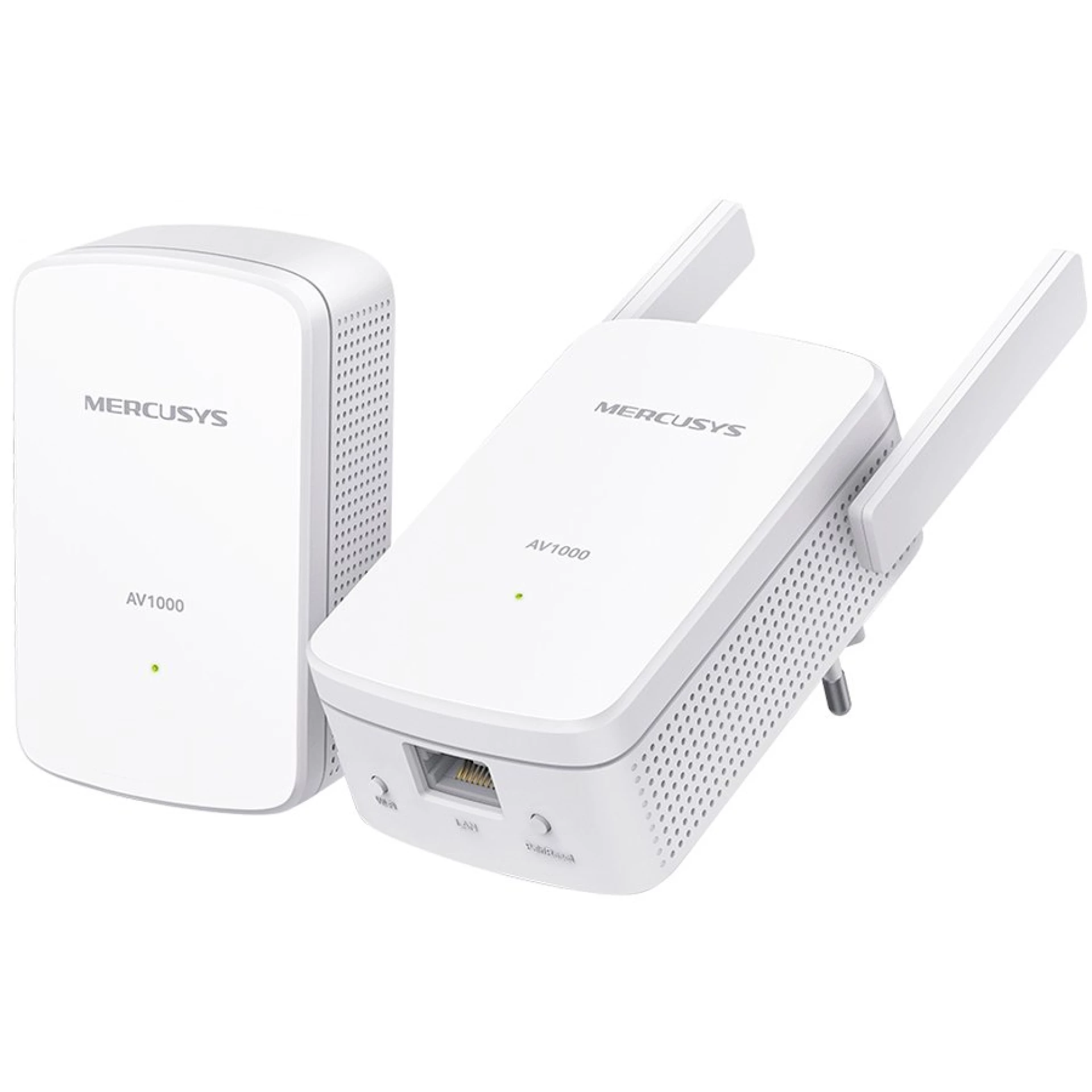 Mercusys MP510 KIT AV1000 Gigabit Powerline N300 Wi-Fi KIT (1× MP510 + 1× MP500) 300 Mbps at 2.4 GHz, 1000 Mbps Powerline,Broadcom CPU, 1× Gigabit Port, 2× Fixed External Antennas, Wall Plugged, HomePlug AV2,Plug and Play, One-Touch Wi-Fi Config.