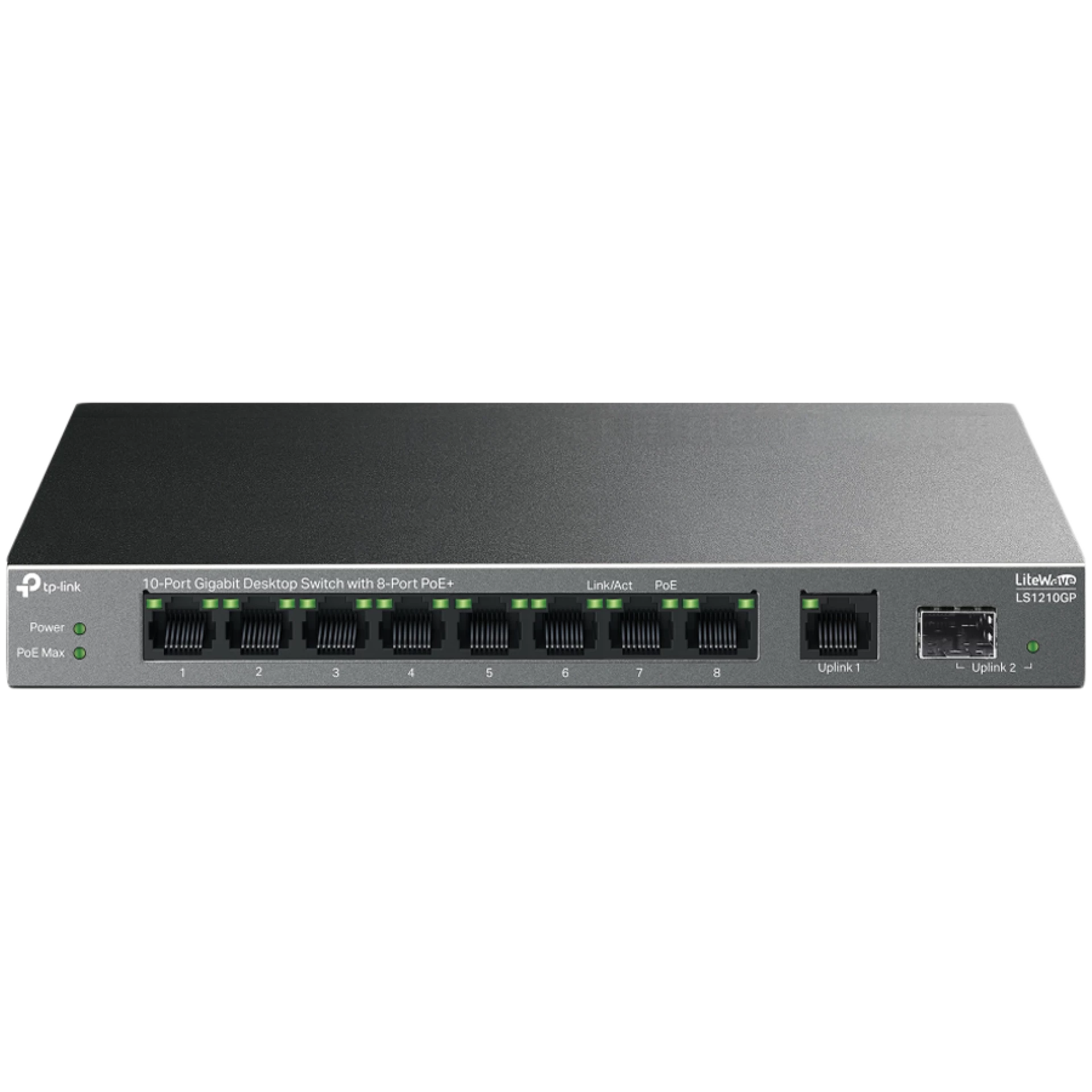 TP-Link LS1210GP 10-Port Gigabit Desktop Switch with 8-Port PoE+, 8× Gigabit PoE+ Ports, 1x Gigabit Non-PoE Port, 1× Gigabit SFP Slot, 61 W PoE Power, Desktop Steel Case, Extend Mode for 250m PoE Transmitting, Isolation Mode, PoE Auto Recovery