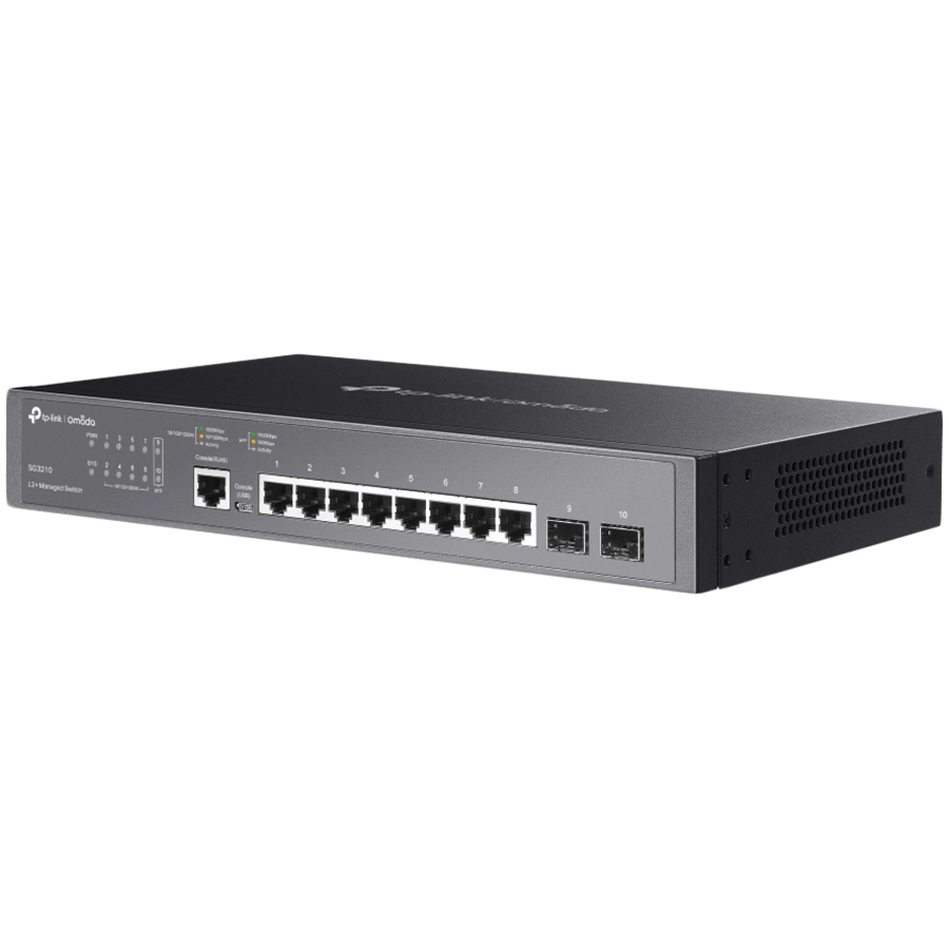 TP-Link SG3210 Omada 8-Port Gigabit L2+ Managed Switch with 2 SFP Slots, 8xGigabit RJ45 ports and 2xGigabit SFP slots, Omada app, Static Routing, VLAN, ACL, QoS, IGMP Snooping, OAM, DDM, ERPS, Zero-Touch Provisioning, Fanless, desktop/rack mounting