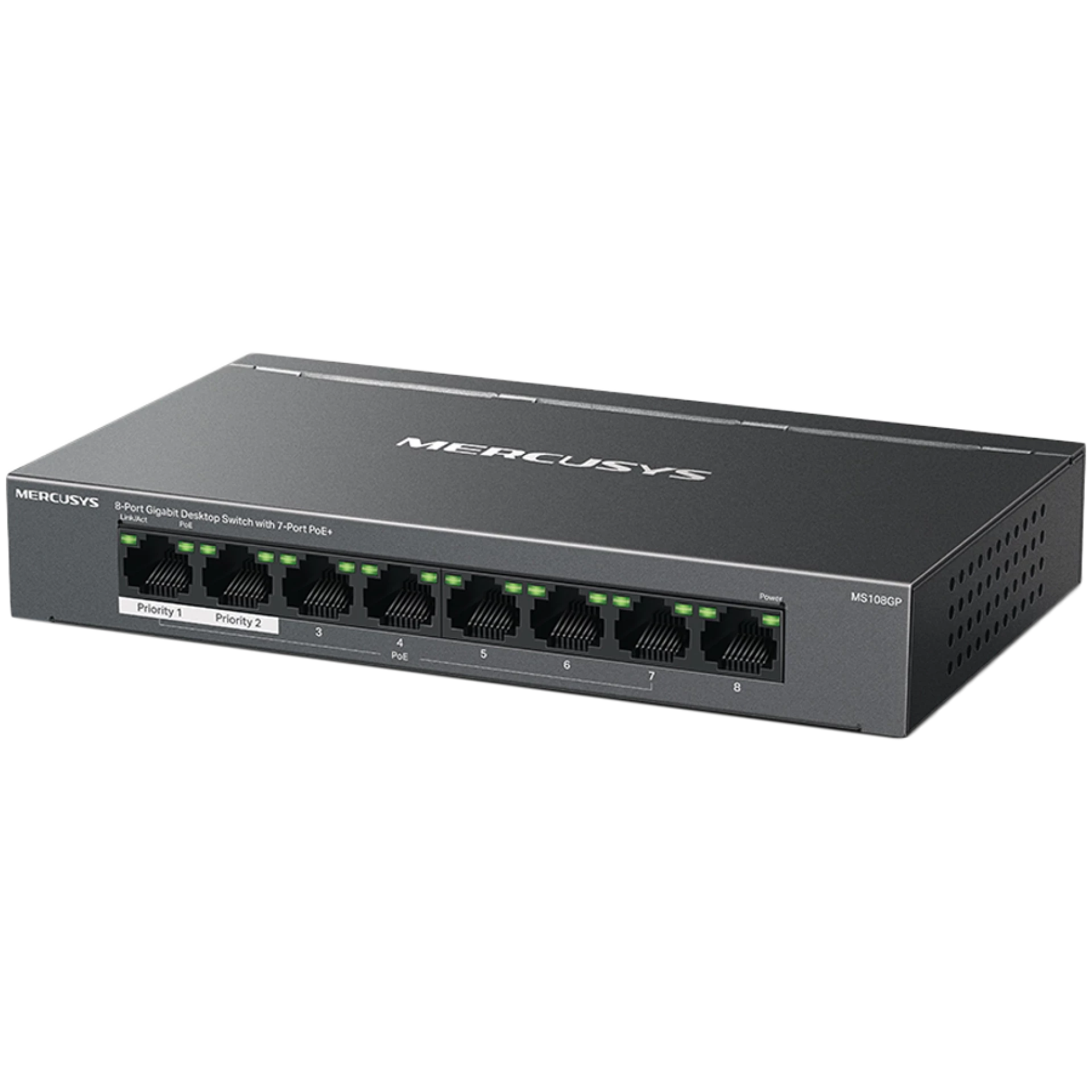 Mercusys MS108GP 8-Port Gigabit Desktop Switch with 7-Port PoE+, 7× Gigabit PoE+ Ports, 1× Gigabit Non-PoE Ports, Compatible with 802.3af/at PDs, 65 W PoE Power, Desktop Steel Case, Wall Mounting,Extend Mode for 250m PoE Transmitting, Isolation Mode