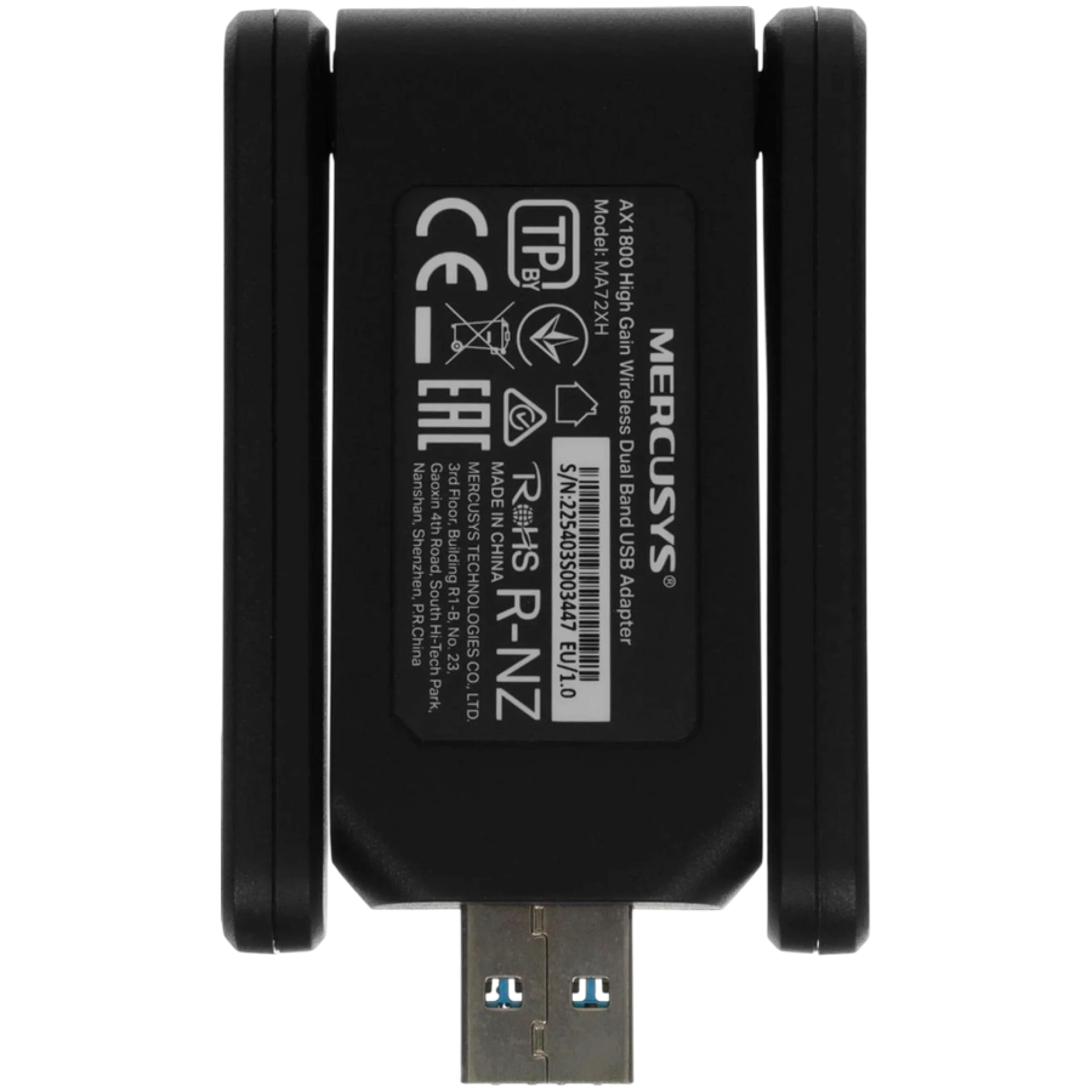Mercusys MA72XH AX1800 High Gain Wi-Fi 6 USB Adapter, 574 Mbps at 2.4 GHz + 1201 Mbps at 5 GHz, 2 x High Gain External Antenna, USB 3.0, MU-MIMO, OFDMA, Beamforming, WPA3