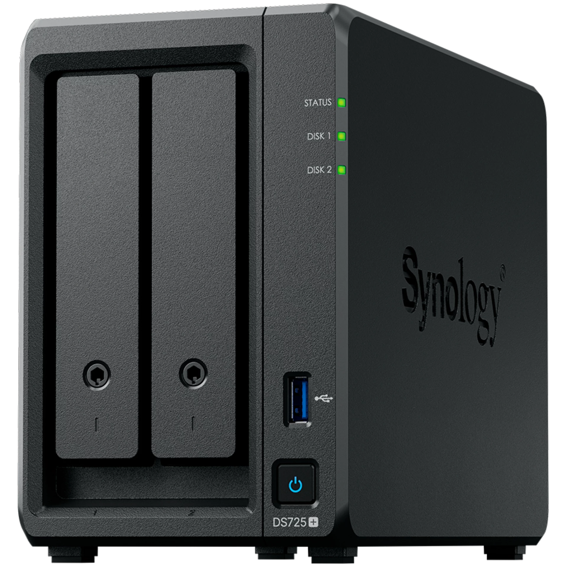 Synology DS725+, Tower, 2-Bays 3.5'' SATA HDD/SSD, 2 x M.2 2280 NVMe SSD, CPU AMD Ryzen R1600 dual-core (4-thread), max. boost up to 3.1 GHz, 4 GB DDR4 ECC SODIMM, 1 x 2.5 GbE, 1 x 1GbE, 1 x USB 3.2, 1 x eSATA USB-C, 1.51 kg, 3y