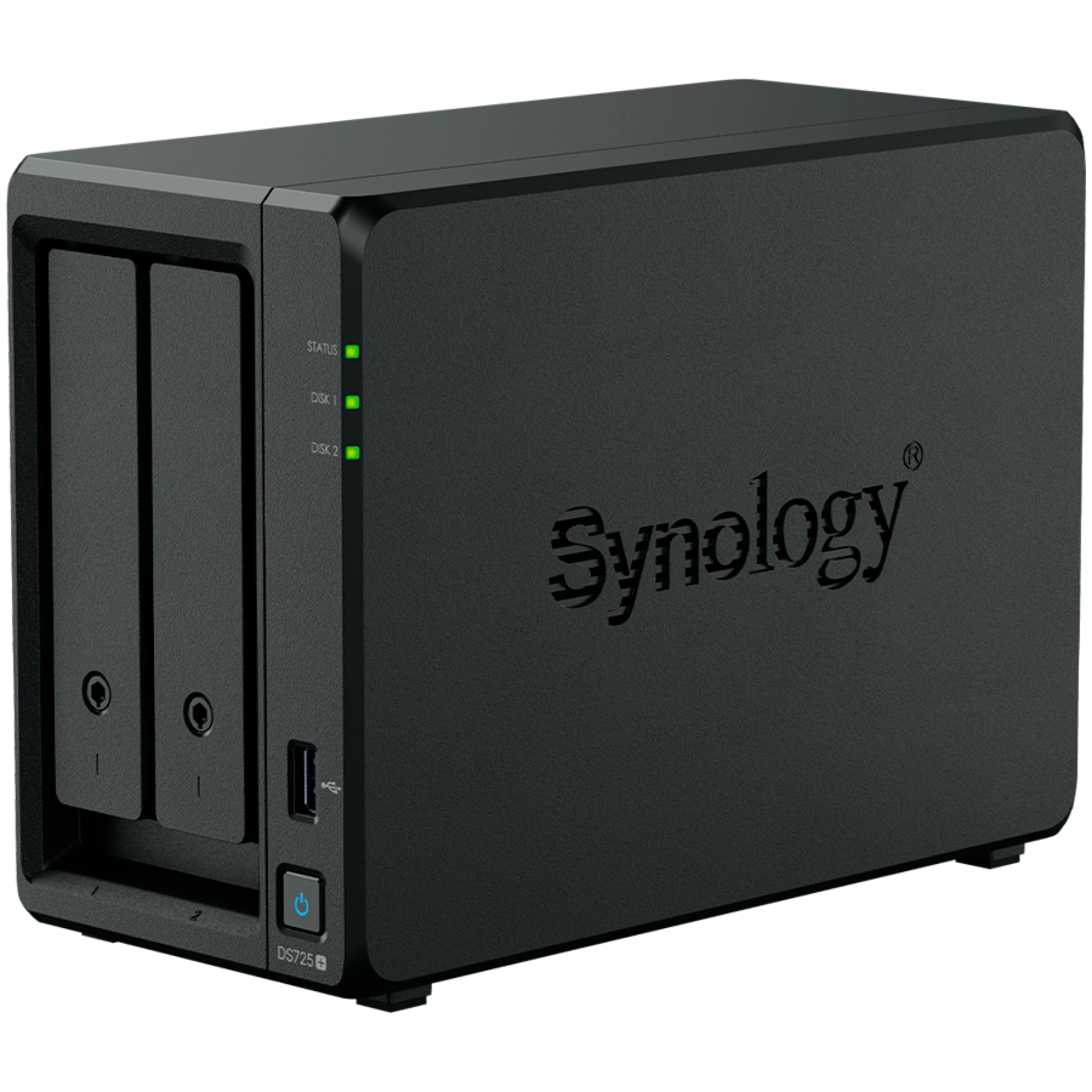 Synology DS725+, Tower, 2-Bays 3.5'' SATA HDD/SSD, 2 x M.2 2280 NVMe SSD, CPU AMD Ryzen R1600 dual-core (4-thread), max. boost up to 3.1 GHz, 4 GB DDR4 ECC SODIMM, 1 x 2.5 GbE, 1 x 1GbE, 1 x USB 3.2, 1 x eSATA USB-C, 1.51 kg, 3y