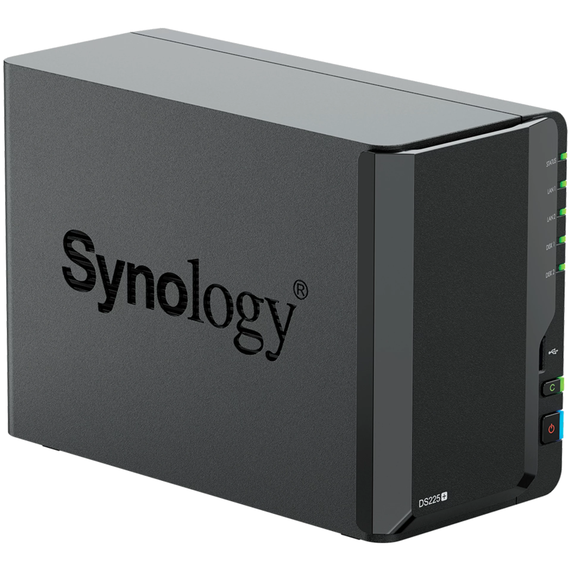 Synology DS225+, Tower, 2-bays 3.5'' SATA HDD/SSD, CPU Inte Celeron J4125 4-core (4-thread) 2.0 GHz, burst up to 2.7 GHz, 2 GB DDR4 non-ECC (expandable up to 6 GB), 1xRJ-45 1GbE LAN, 1xRJ-45 2.5 GbE LAN, 2xUSB 3.2 Gen 1, 1.3 kg, 3yr warranty