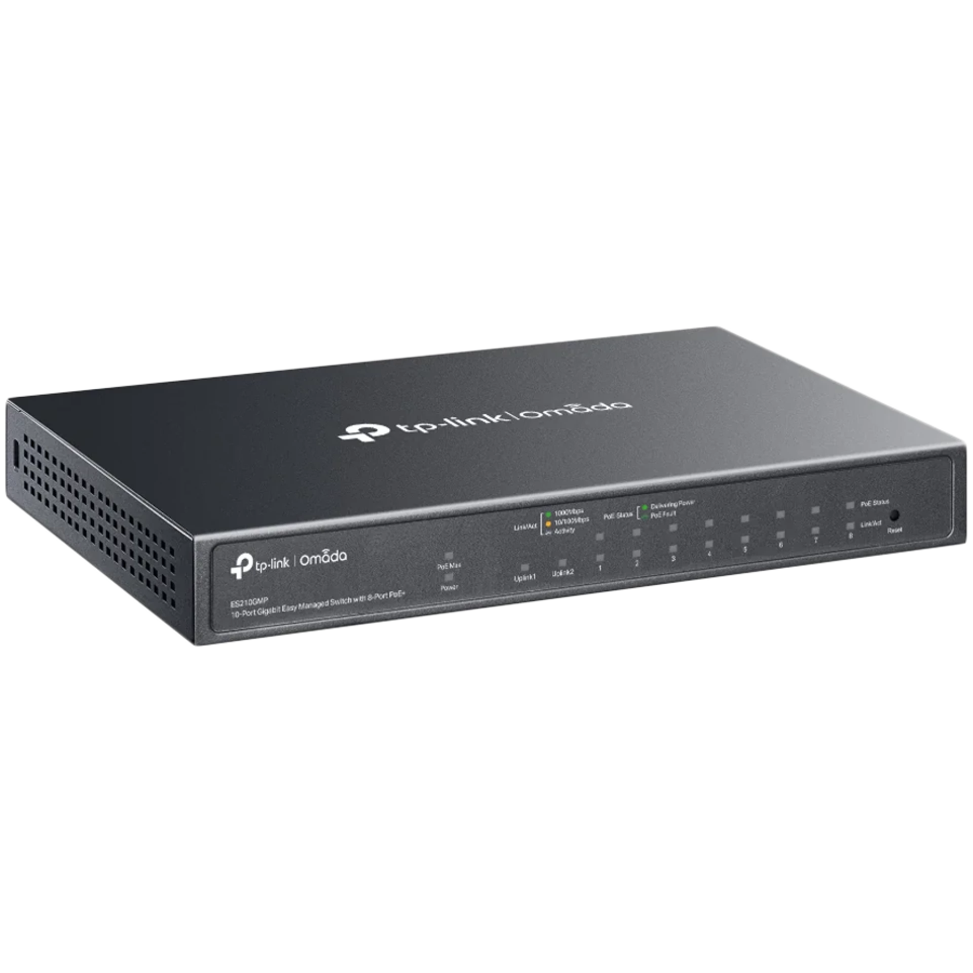 Omada 10-Port Gigabit Easy Managed Switch with 8-Port PoE+ 8× Gigabit PoE+ Ports, 1x Gigabit Non-PoE Ports, 1× Combo Gigabit RJ45/SFP Port 802.3at/af, 123 W PoE Power,  Desktop Steel Case and Fanless Integration with Omada SDN Controller