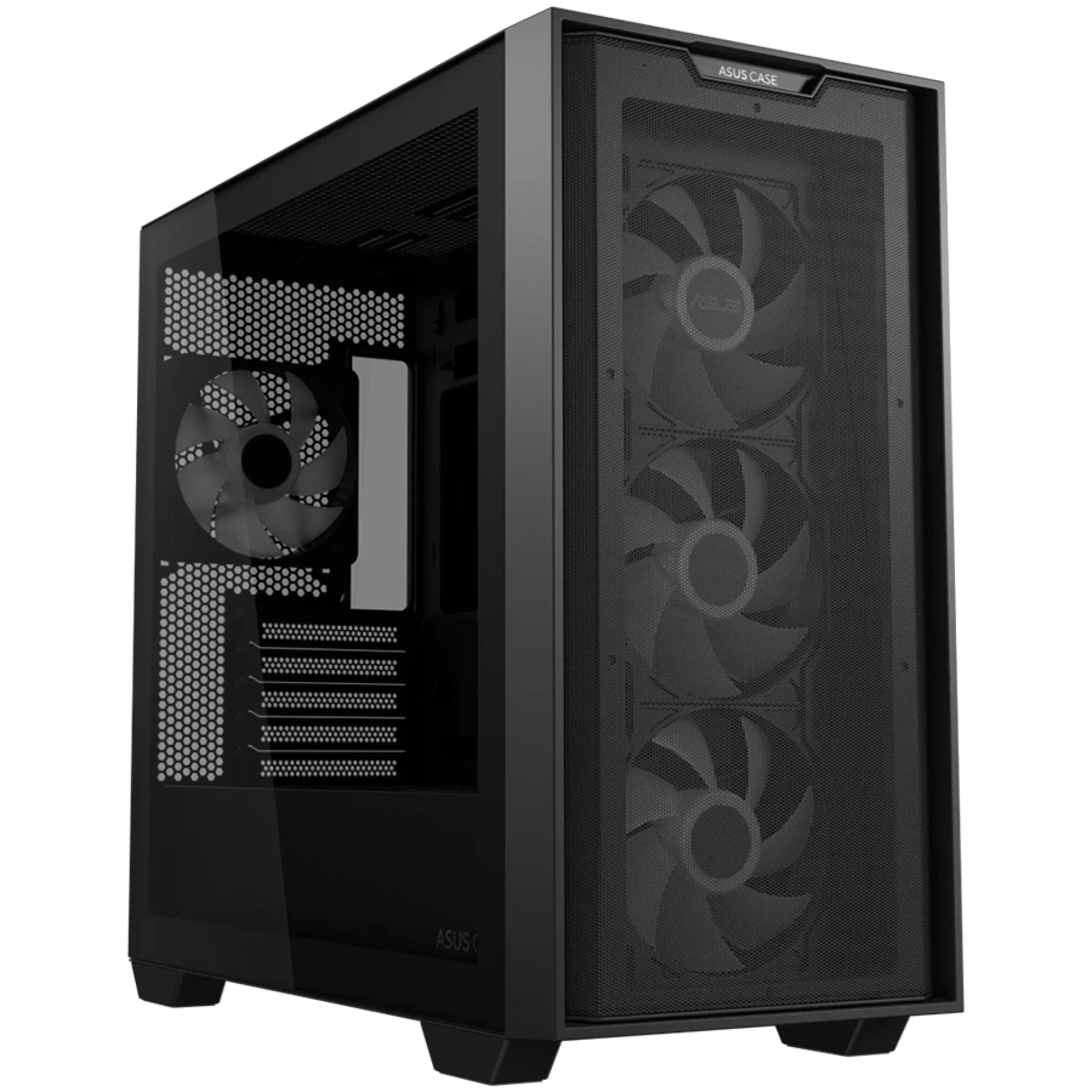 ASUS A21 PLUS Tempered Glass microATX case Black, support for hidden-connector motherboards, 360 mm radiators and 380 mm graphics cards, four pre-installed ARGB fans and clean cable management