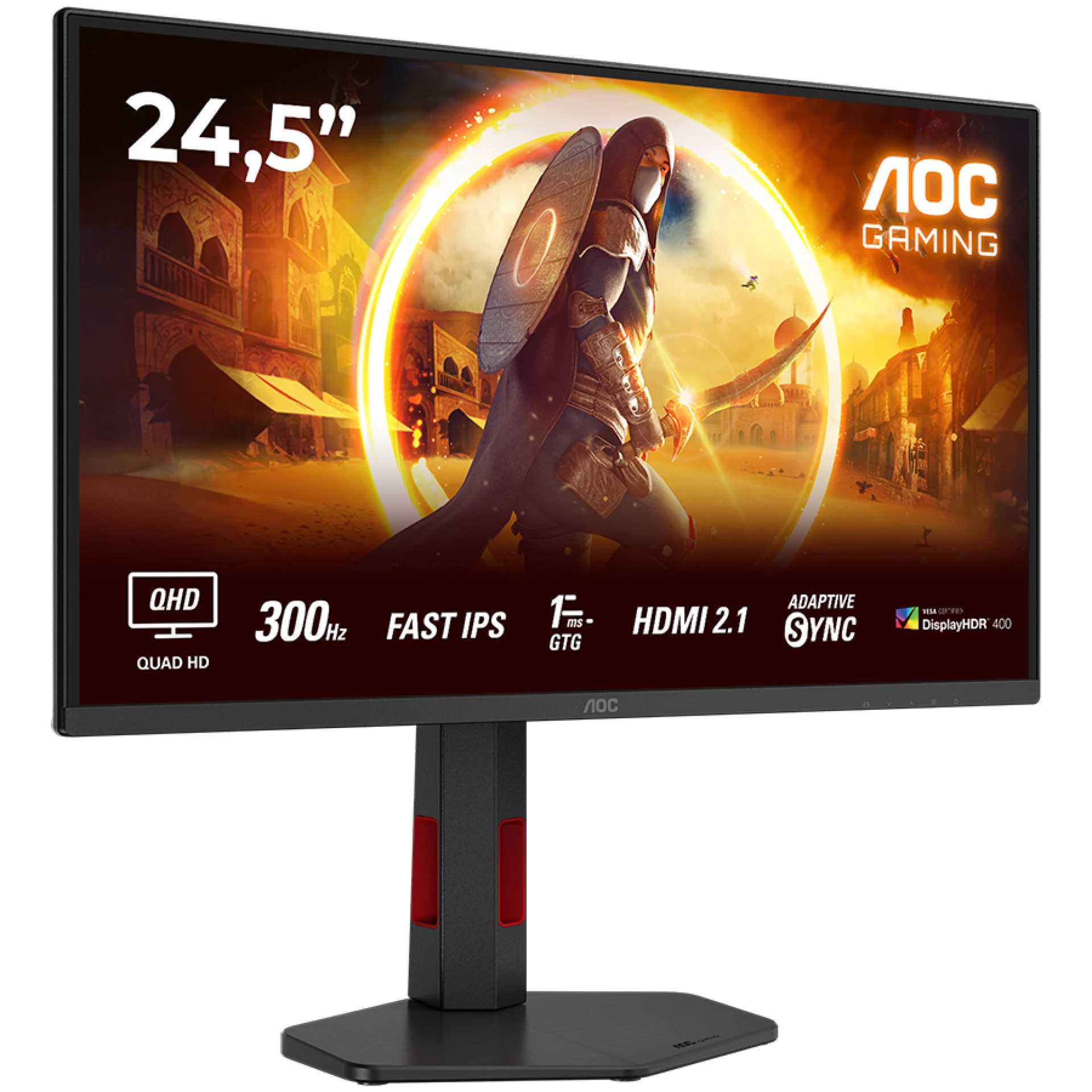 AOC MONITOR Q25G4SR, GAMING 25'', G, 300HZ, FAST IPS, 2560x1440, 0.3 MS, 80M:1, 300 CD/M, TILT, HEIGHT ADJUSTABLE, SWIVEL, PIVOT, 2X HDMI, DISPLAY PORT, 3YW, BLACK-RED