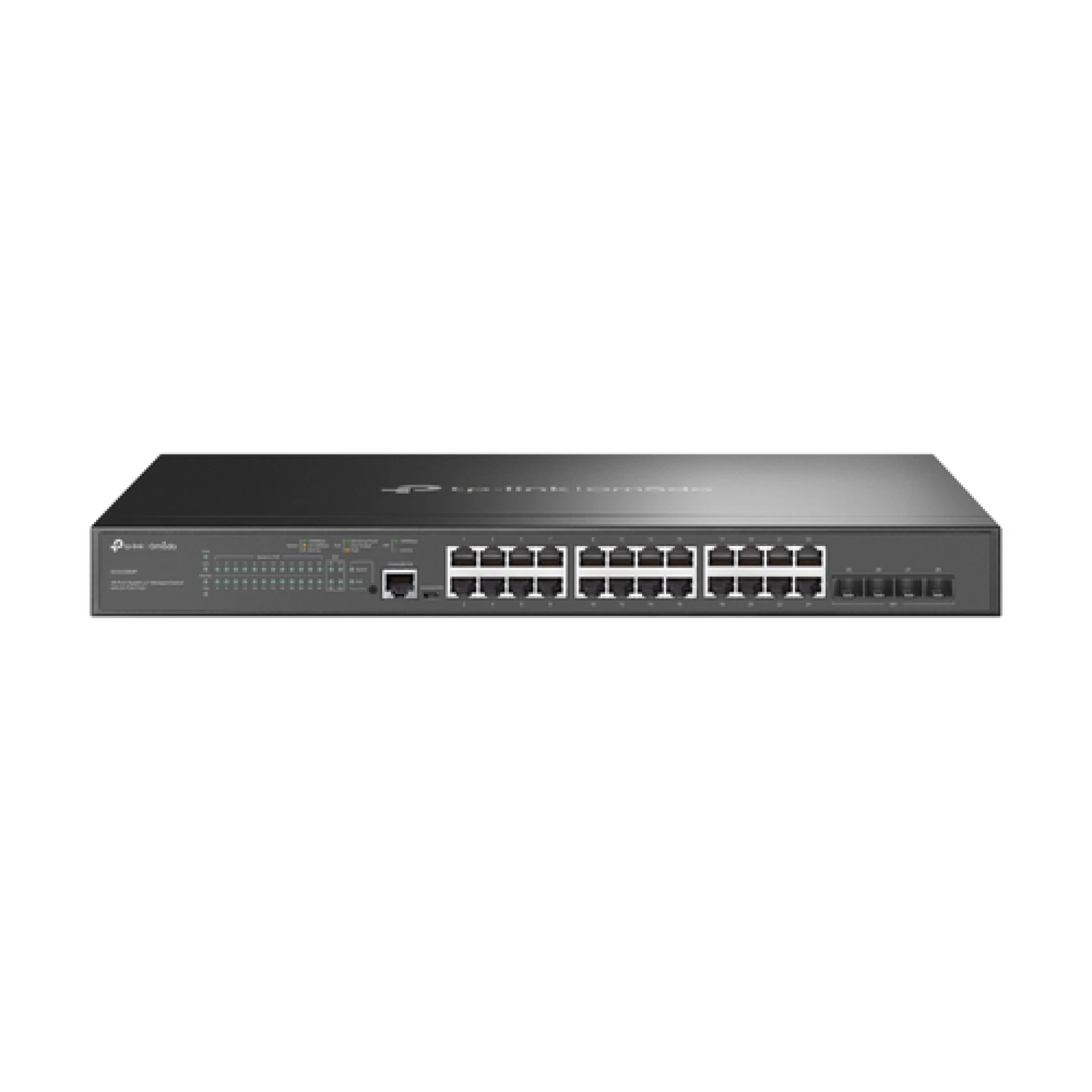 TP-Link SG3428MP Omada 28-Port Gigabit L2+ Managed Switch with 24× Gigabit 802.3af/at PoE+ ports and 4× Gigabit SFP slots, 384 W total PoE budget, Omada app, Static Routing, VLAN, ACL, QoS, IGMP Snooping, OAM, and DDM, ERPS, Zero-Touch Provisioning