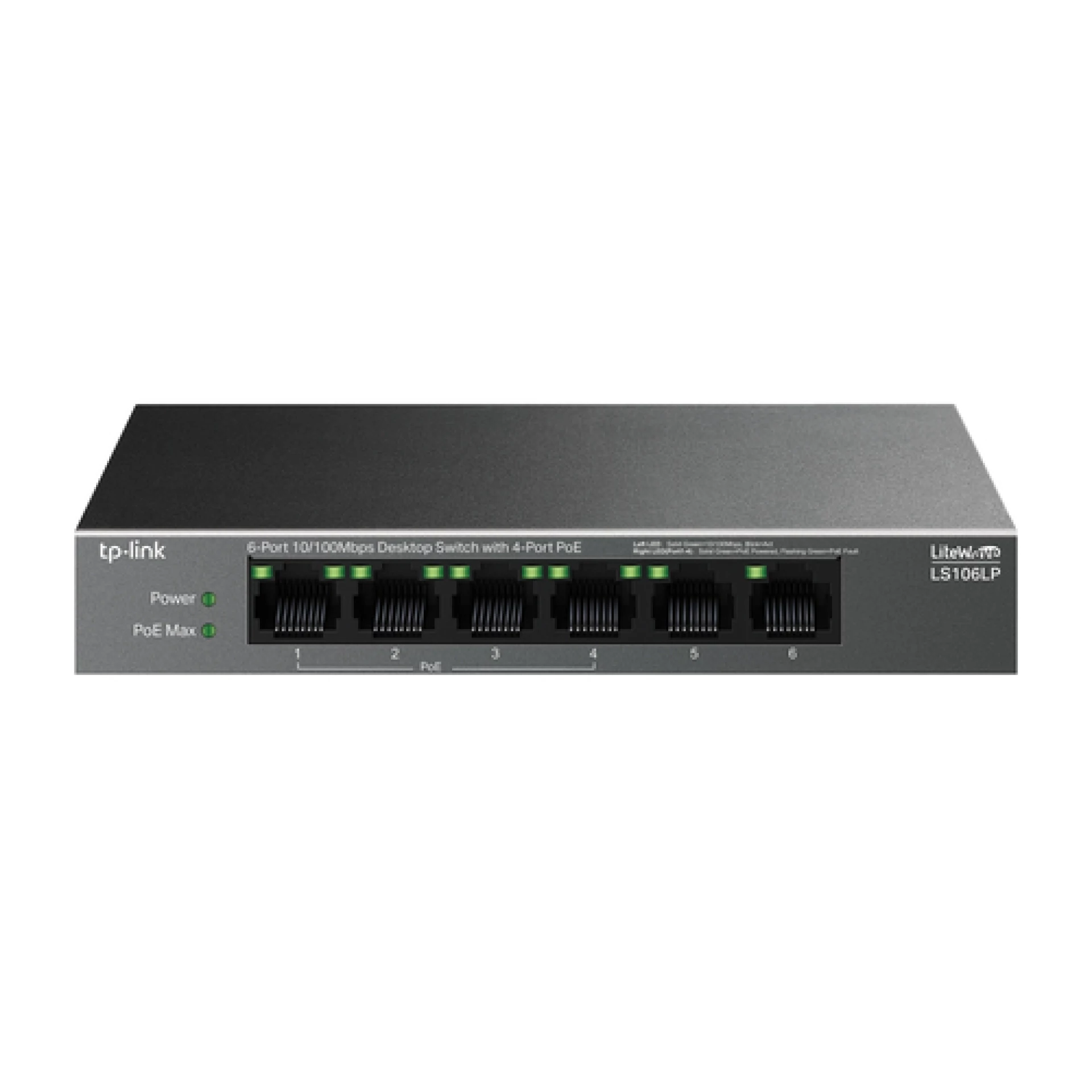 TP-Link LS106LP 6-Port 10/100 Mbps Desktop Switch with 4-Port PoE, 4× 10/100 Mbps PoE Ports, 2× 10/100 Mbps Non-PoE Ports, 802.3af, 41 W PoE Power, Desktop Steel Case, Extend Mode for 250m PoE Transmitting, PoE Auto Recovery, Plug and Play