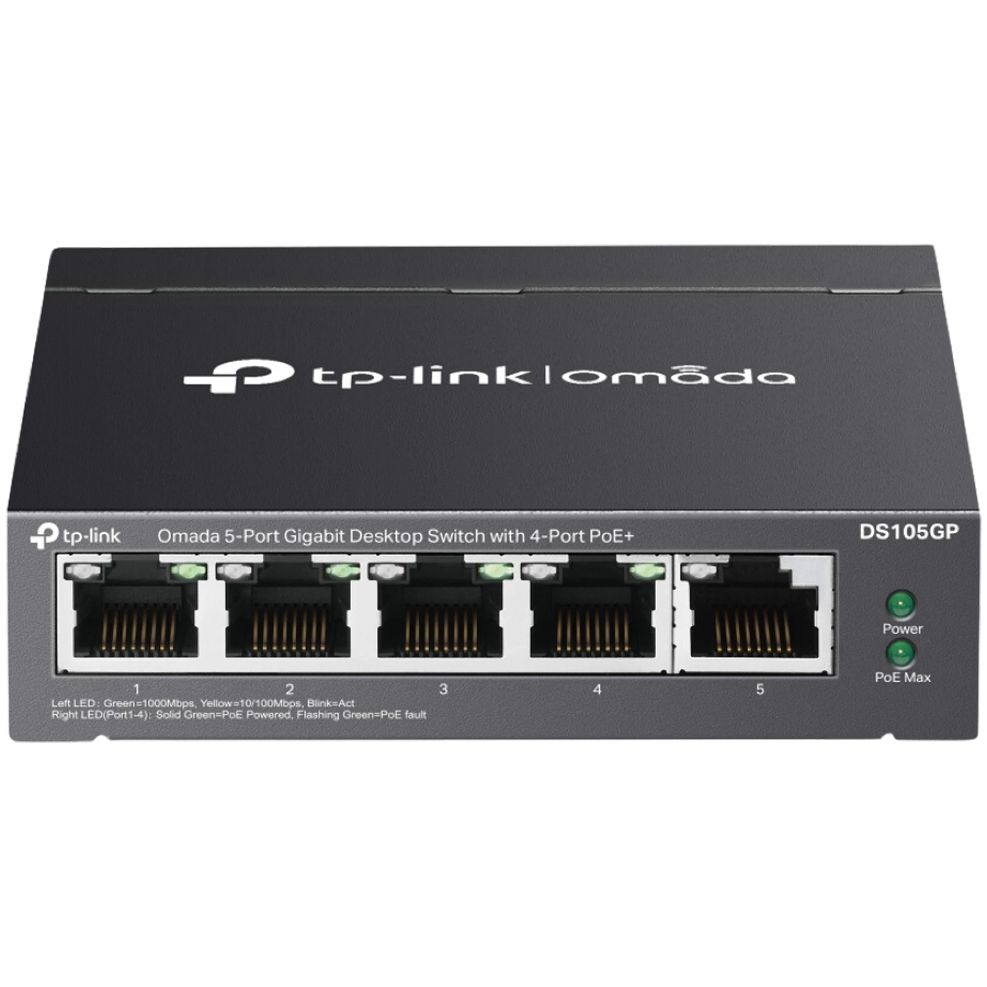 Omada 5-Port Gigabit Desktop Switch with  4-Port PoE+  PORT: 4× Gigabit PoE+ Ports, 1× Gigabit Non-PoE Port SPEC: 802.3af/at, 65 W PoE Power, Desktop Steel Case FEATURE: Plug and Play