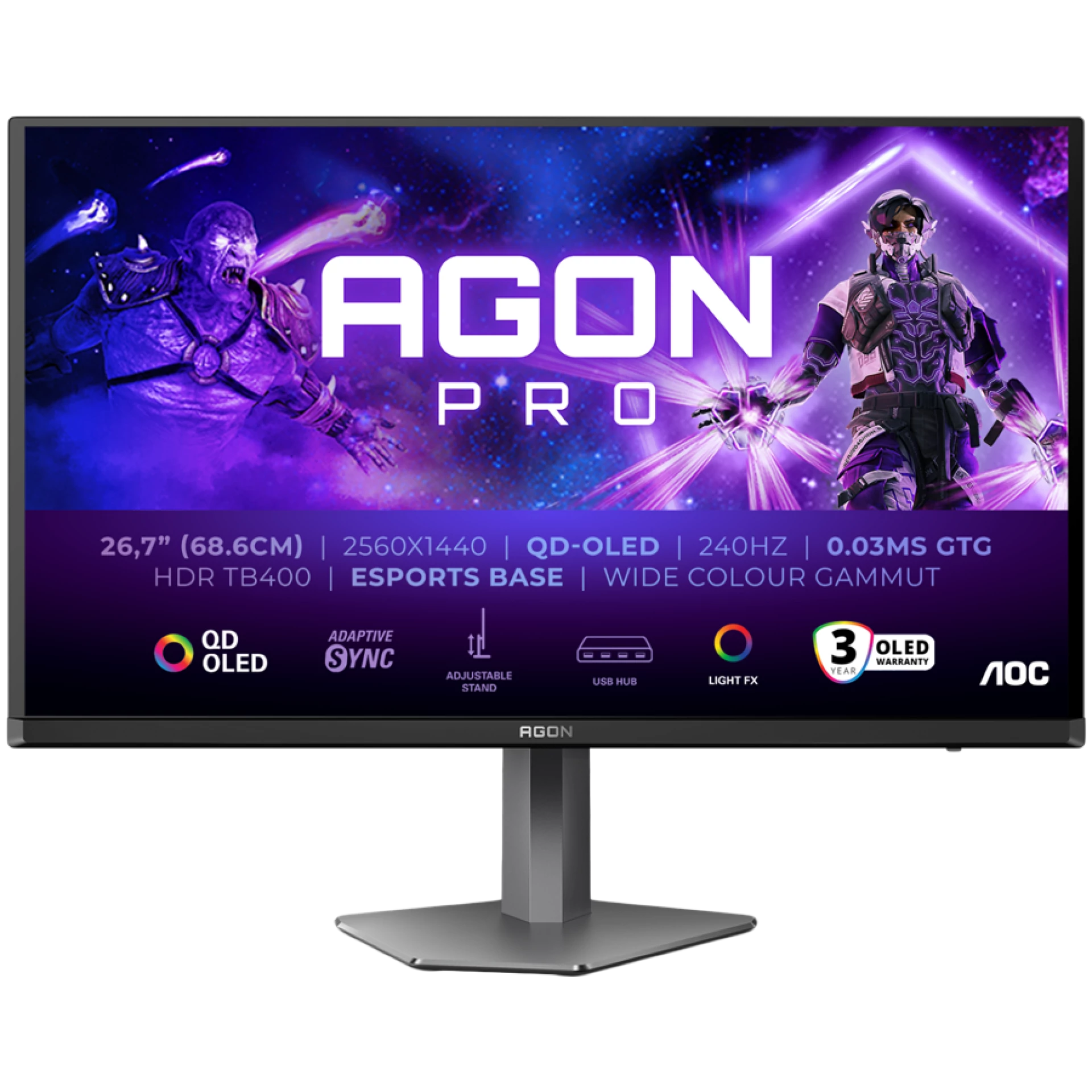 AOC Monitor LED AG276QZD2 AGON PRO 26.7" 2560x1140 QD-OLED Adaptive Sync 240Hz 0.03ms 250 cd/m2 3-sided frameless FULL ERGO 2xHDMI 2xDP USB Hub
