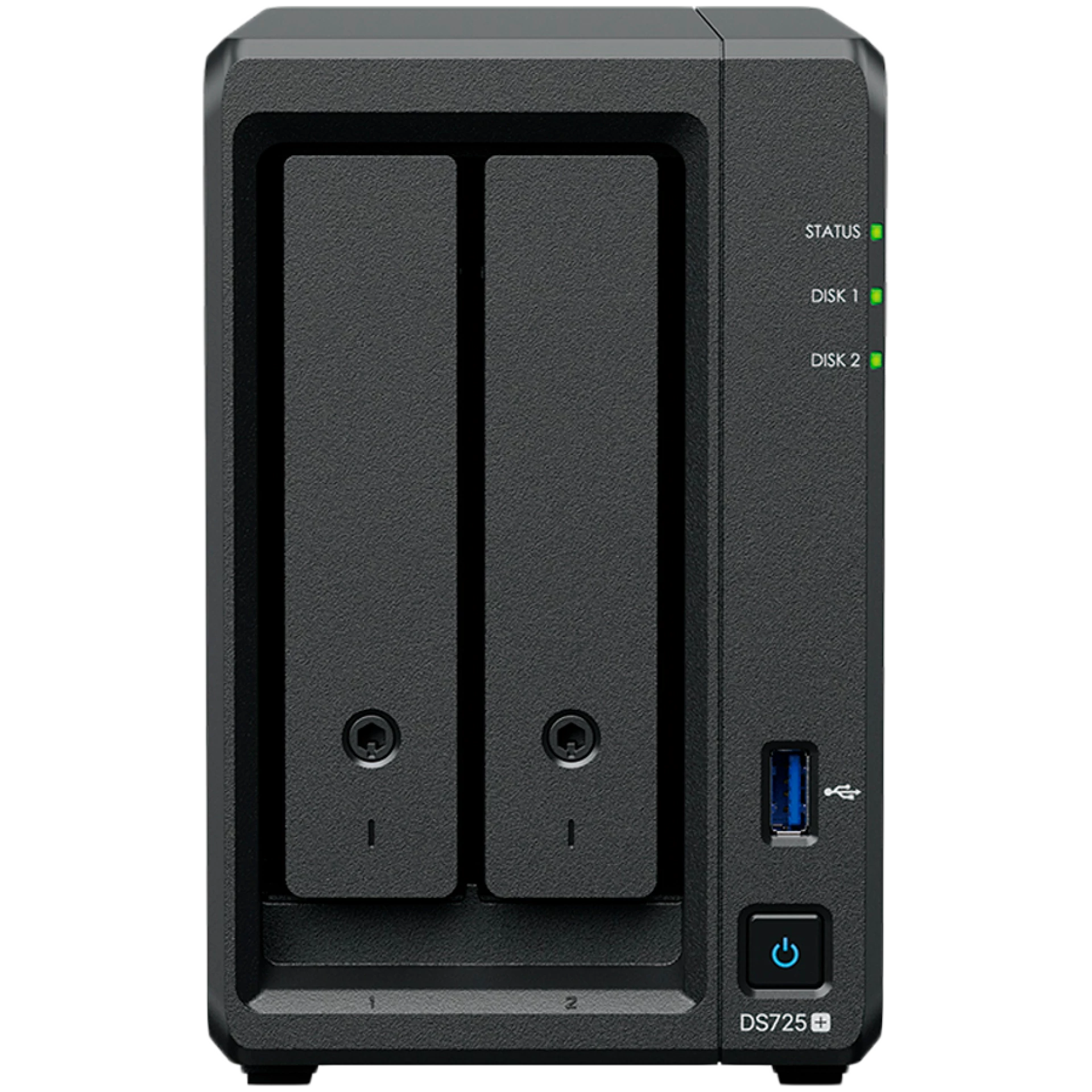 Synology DS725+, Tower, 2-Bays 3.5'' SATA HDD/SSD, 2 x M.2 2280 NVMe SSD, CPU AMD Ryzen R1600 dual-core (4-thread), max. boost up to 3.1 GHz, 4 GB DDR4 ECC SODIMM, 1 x 2.5 GbE, 1 x 1GbE, 1 x USB 3.2, 1 x eSATA USB-C, 1.51 kg, 3y