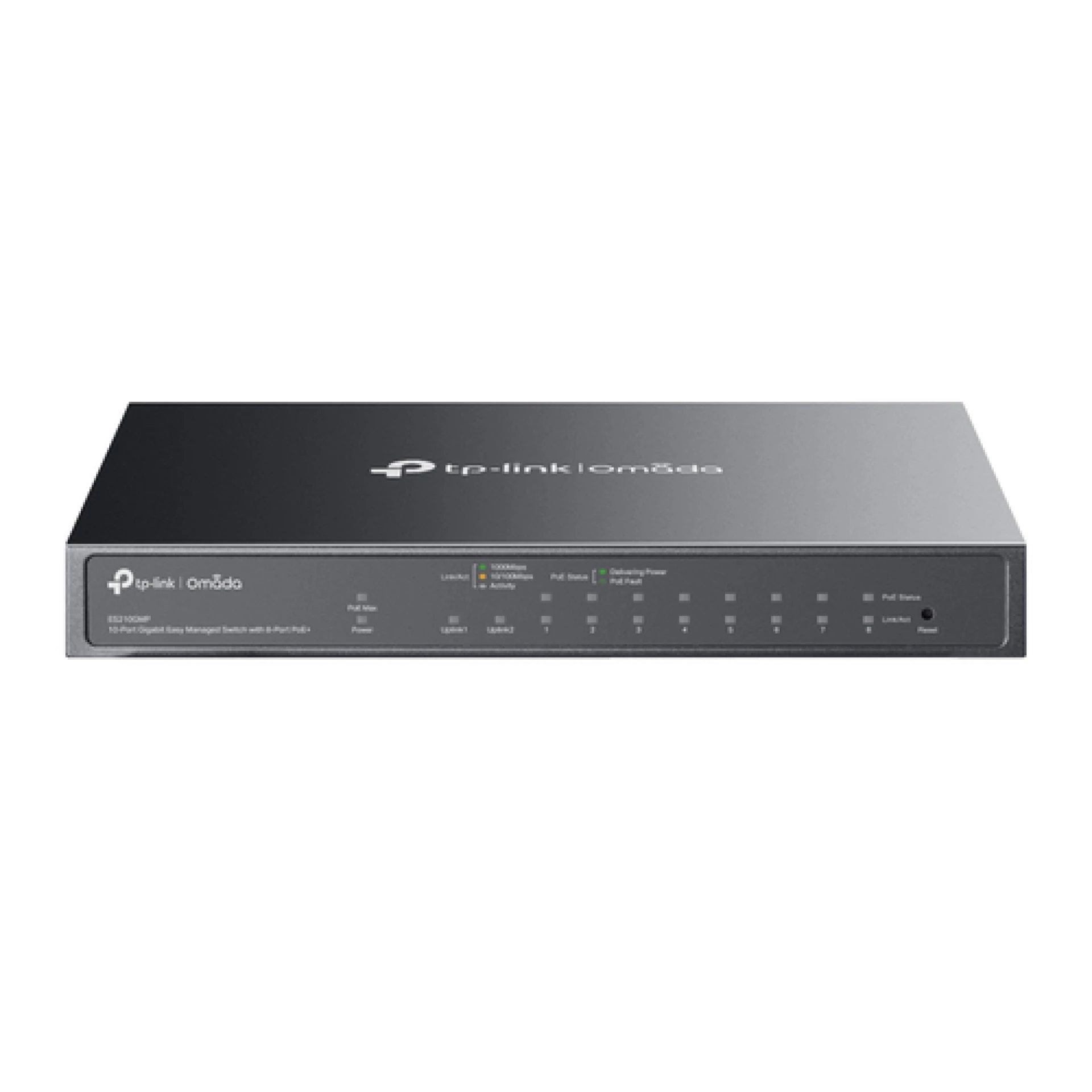 Omada 10-Port Gigabit Easy Managed Switch with 8-Port PoE+ 8× Gigabit PoE+ Ports, 1x Gigabit Non-PoE Ports, 1× Combo Gigabit RJ45/SFP Port 802.3at/af, 123 W PoE Power,  Desktop Steel Case and Fanless Integration with Omada SDN Controller