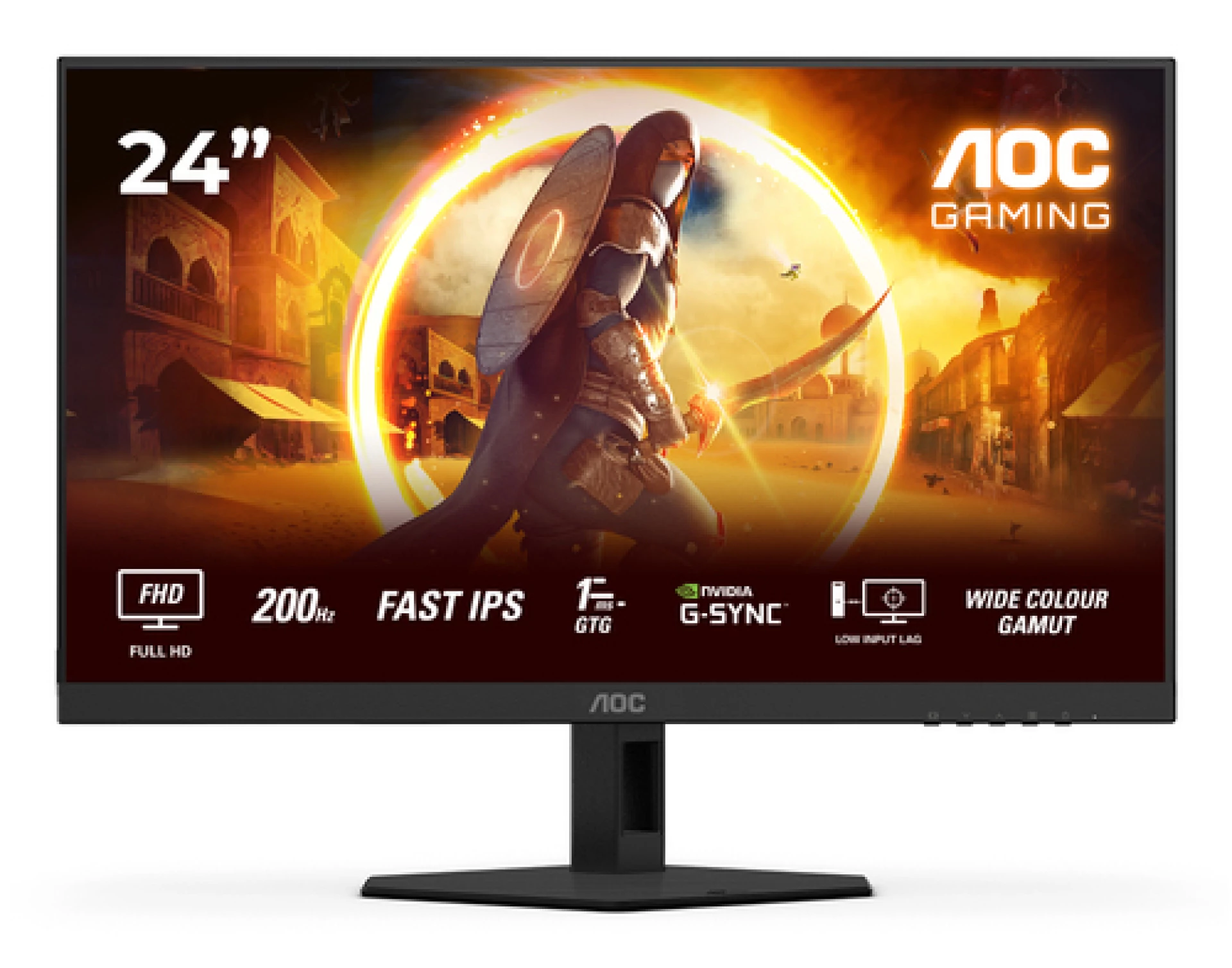 AOC Gaming Monitor 24G4HRE 24" 200Hz Fast IPS, 1920x1080 FHD, 0.5ms MPRT / 1ms GtG, 1000:1, 178/178, Adaptive Sync / G-Sync Compatible, HDR10, HDMI, DP, Audio Out, 3-sides frameless, Tilt/Swivel/VESA, Black-Red, 3y