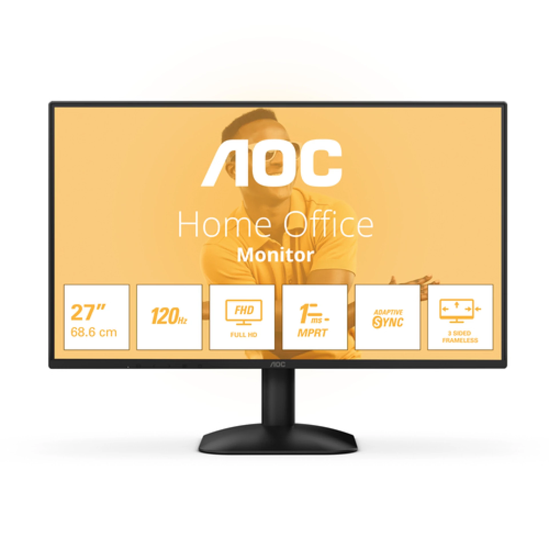 AOC Monitor 27B31H 27" 120Hz IPS, 1920x1080 FHD, 1ms MPRT / 4ms GtG, 1500:1, 178/178, Adaptive Sync, HDMI 1.4 VGA, Anti-Blue Light / Flicker-Free, 3-sides frameless, Tilt, VESA, Black, 3y
