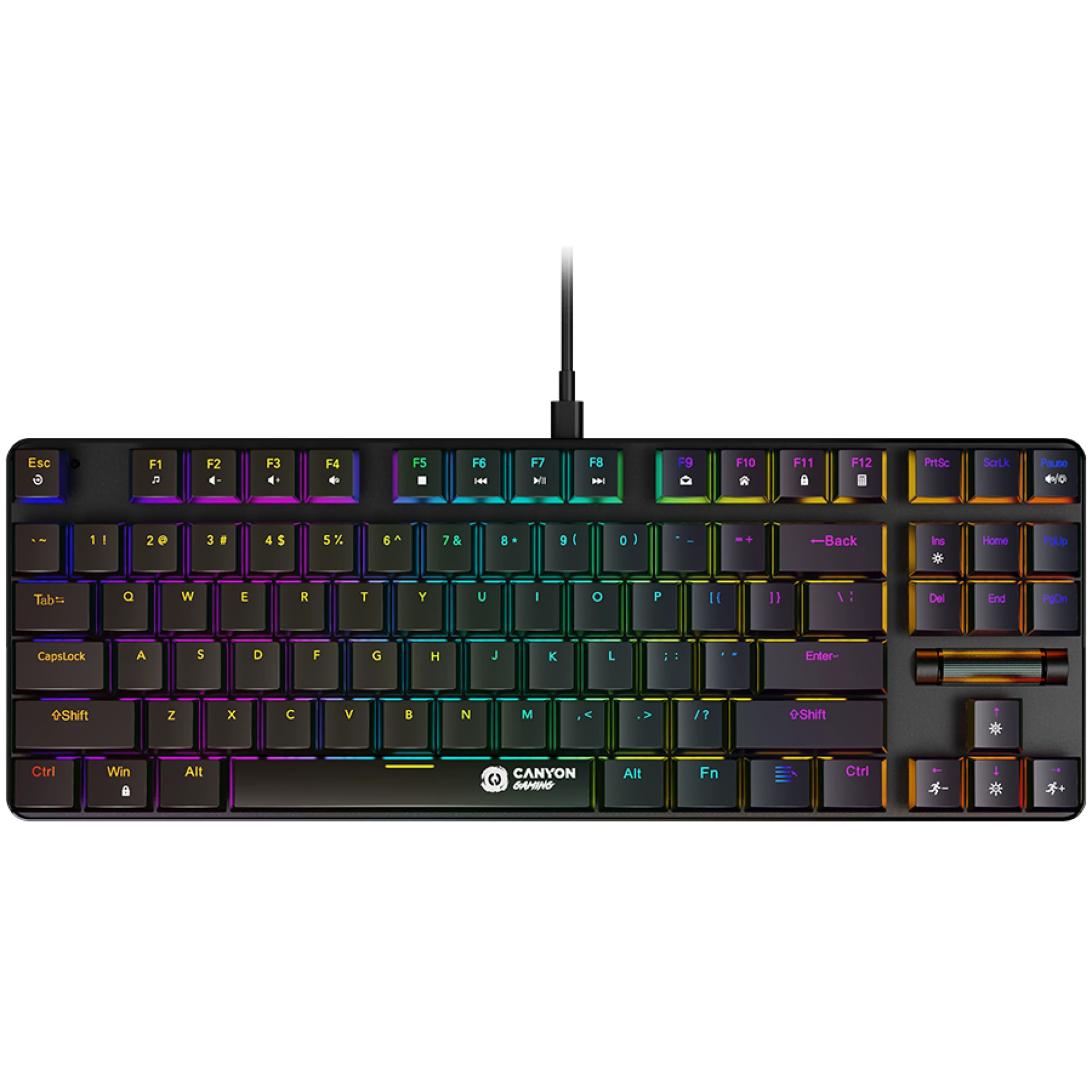 Canyon 87keys Mechanical keyboard, 50million times life, with VS11K30A solution, GTMX red switch, Rainbow backlight, 20 modes, 1.8m PVC cable, metal material + ABS, UK layout, size: 354*126*26.6mm, weight:624g, black