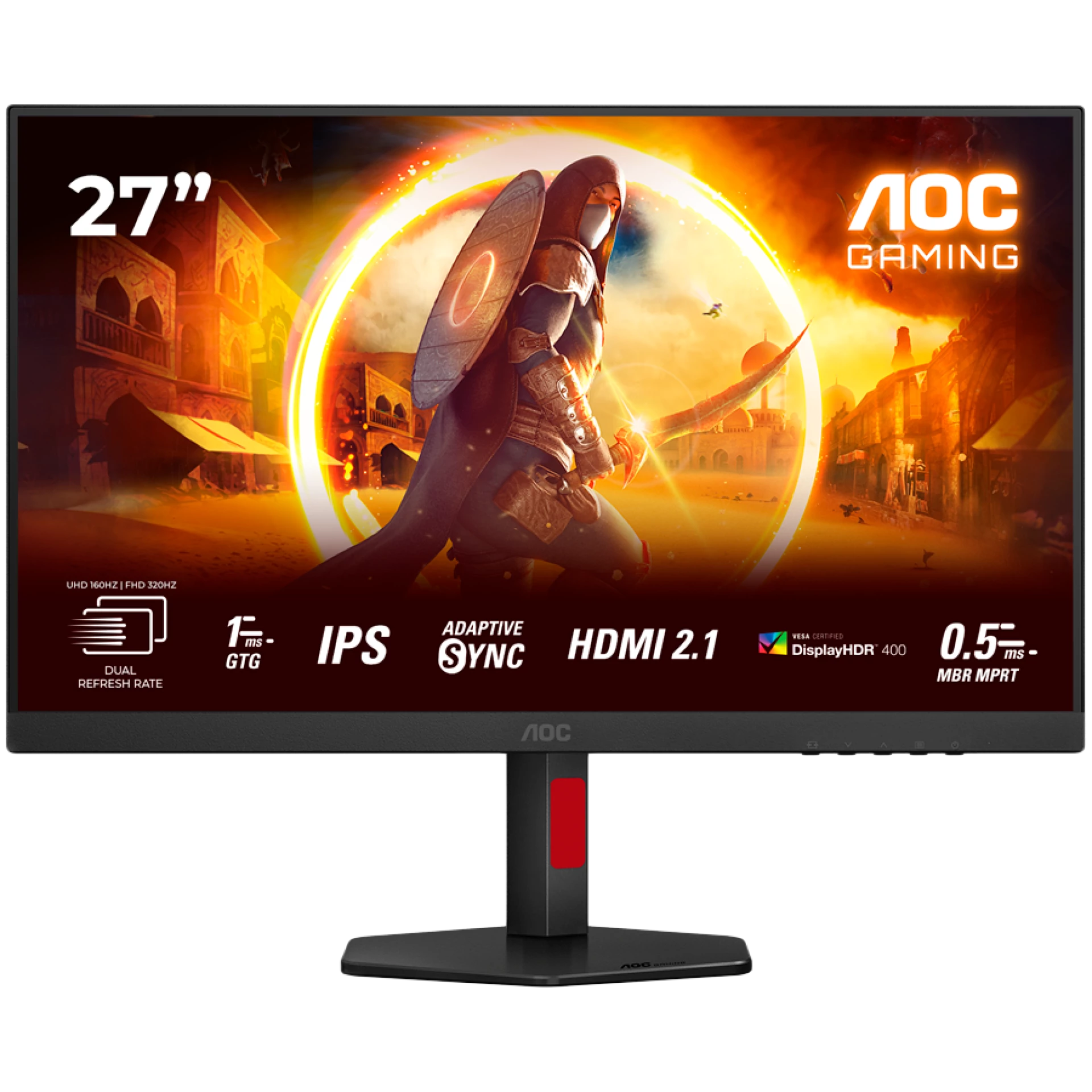 AOC Monitor Gaming U27G4R 27" Fast IPS, 3840x2160, dual frame (4K 160Hz, FHD 320Hz), 1ms (GTG), 400cd/m2, 1000:1, Adaptive Sync, HDR 400, 2x HDMI, 1x DP, USB hub, Full Ergo
