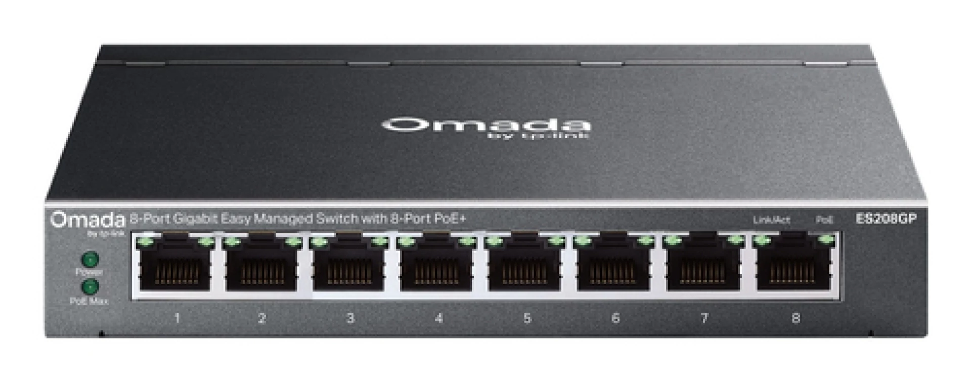 TP-Link ES208GP Omada 8-Port Gigabit Easy Managed Switch with 8-Port PoE+, 8x G PoE+ Ports, 802.3at/af, 64 W PoE Power,  Desktop Steel Case and Fanless,Omada App, Flow Control, Loopback Detection, Port Isolation, Port Mirroring, LAG, VLAN, IGMP Snoop