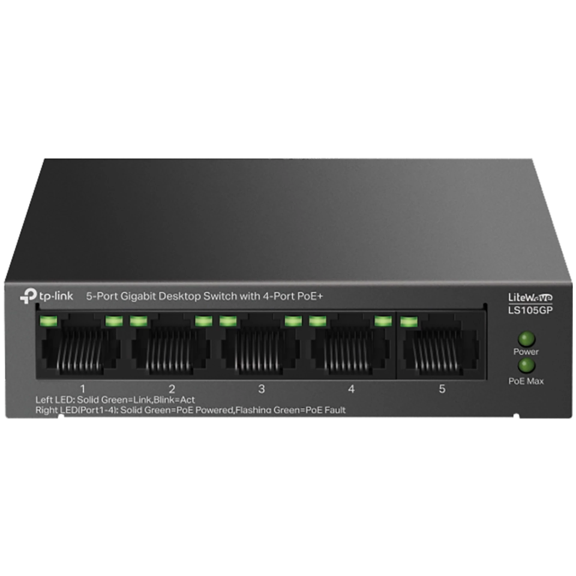 TP-Link LS105GP 5-Port Gigabit Desktop Switch with  4-Port PoE+, 4x Gigabit PoE+ Ports, 1x Gigabit Non-PoE Port, 802.3af/at, 65 W PoE Power, Desktop Steel Case, Extend Mode for 250m PoE Transmitting, PoE Auto Recovery, Plug and Play