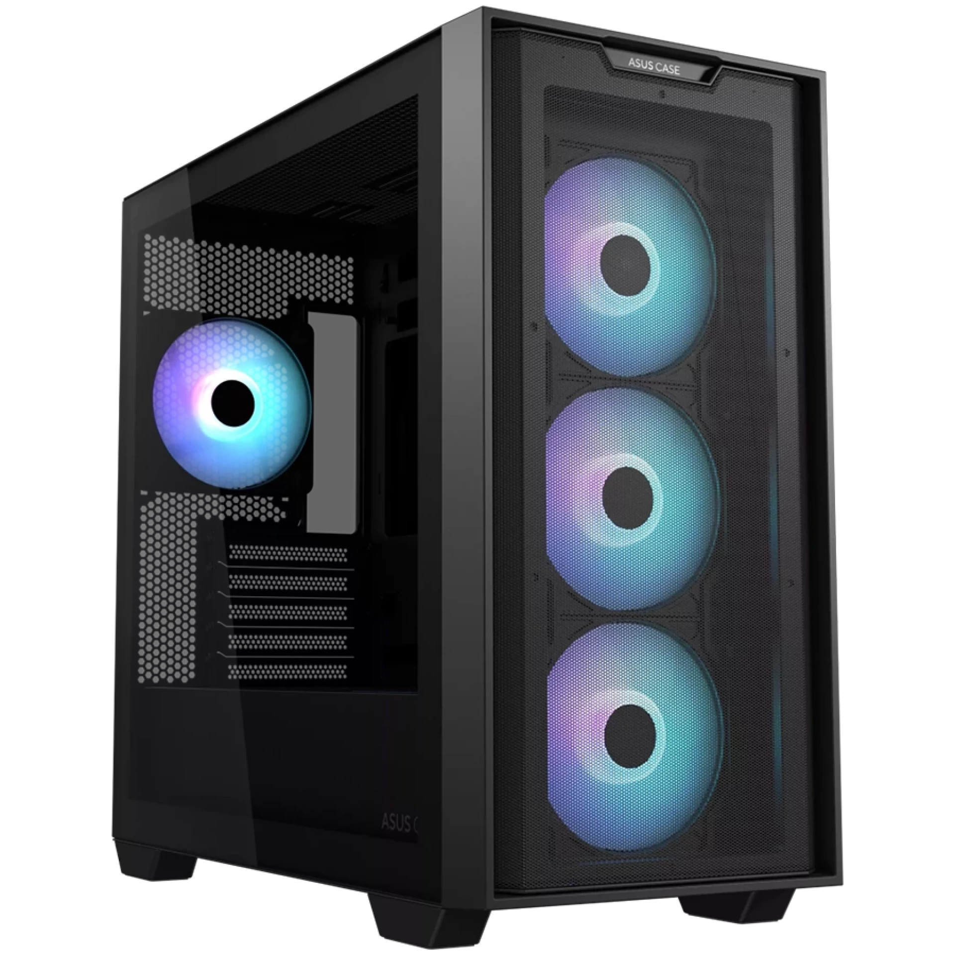 ASUS A21 PLUS Tempered Glass microATX case Black, support for hidden-connector motherboards, 360 mm radiators and 380 mm graphics cards, four pre-installed ARGB fans and clean cable management