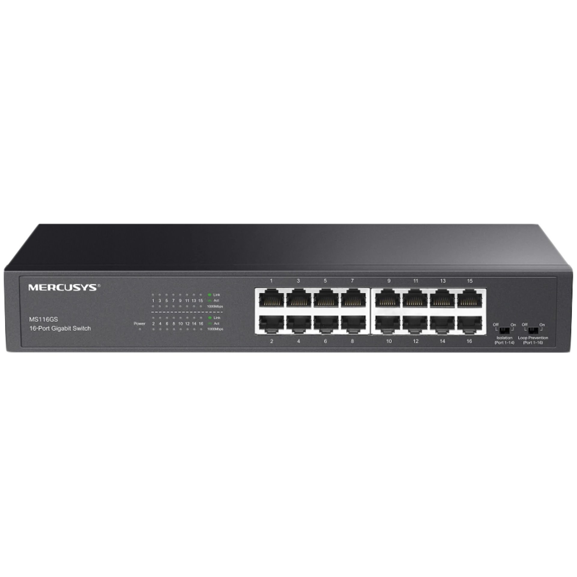 Mercusys MS116GS 16-Port Gigabit Desktop/Rackmount Switch, 16x10/100/1000 Mbps Auto-Negotiation RJ45 port supporting Auto-MDI/MDIX, Isolation Mode, Loop Prevention, Durable Metal Casing, Plug and Play