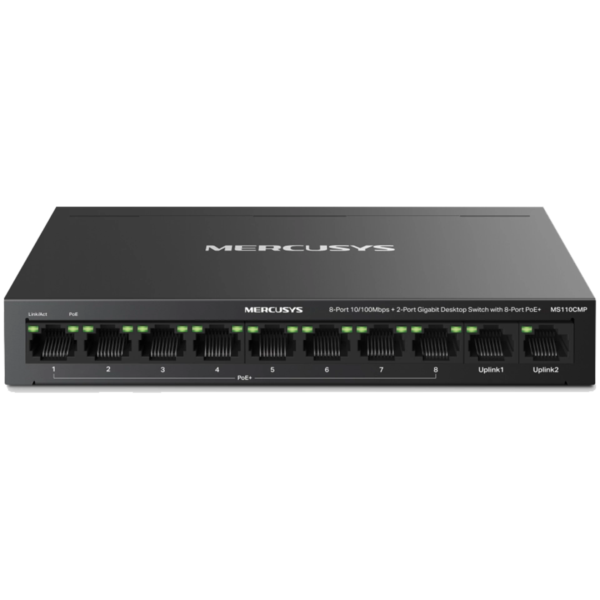Mercusys MS110CMP 10-Port 10/100Mbps Desktop Switch with 8-Port PoE+, 8 x 10/100 Mbps PoE+ Ports, 2 x Gigabit non-PoE Ports, 115 W PoE Power, Increases PoE transmission distance to 250m by Extend Mode, PoE Auto Recovery, Isolation mode, Metal casing