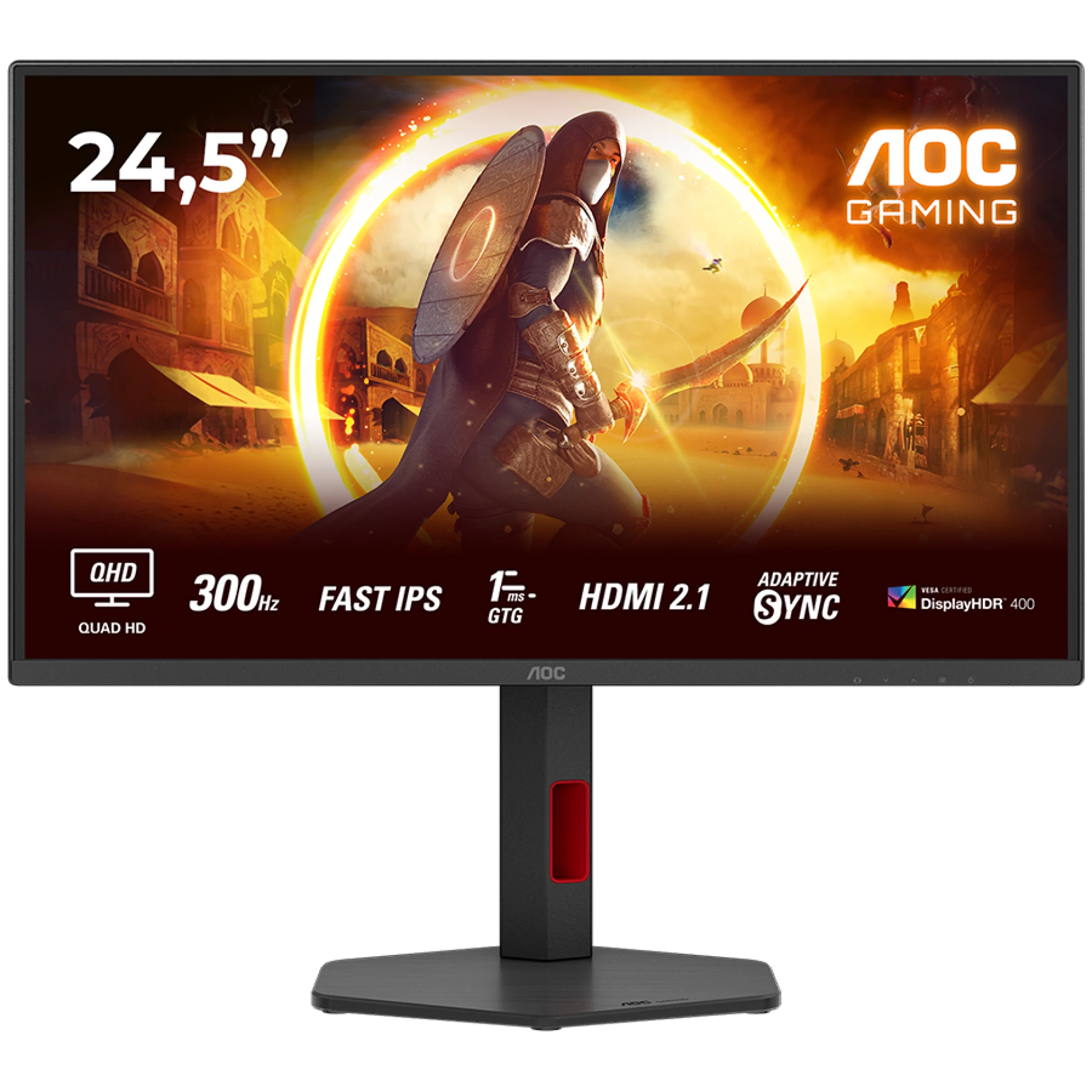AOC MONITOR Q25G4SR, GAMING 25'', G, 300HZ, FAST IPS, 2560x1440, 0.3 MS, 80M:1, 300 CD/M, TILT, HEIGHT ADJUSTABLE, SWIVEL, PIVOT, 2X HDMI, DISPLAY PORT, 3YW, BLACK-RED