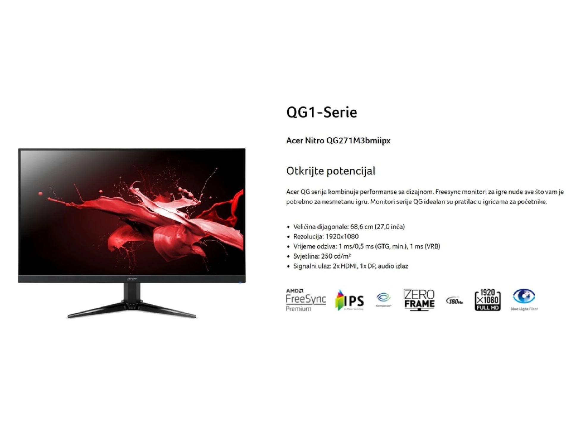 Acer 27" Nitro QG1 FHD 180HzFHD,IPS,250cd,1ms,HDMIx2,DP,SPK+Audio out,Tilt -5 20,VESA 100x100,Crna