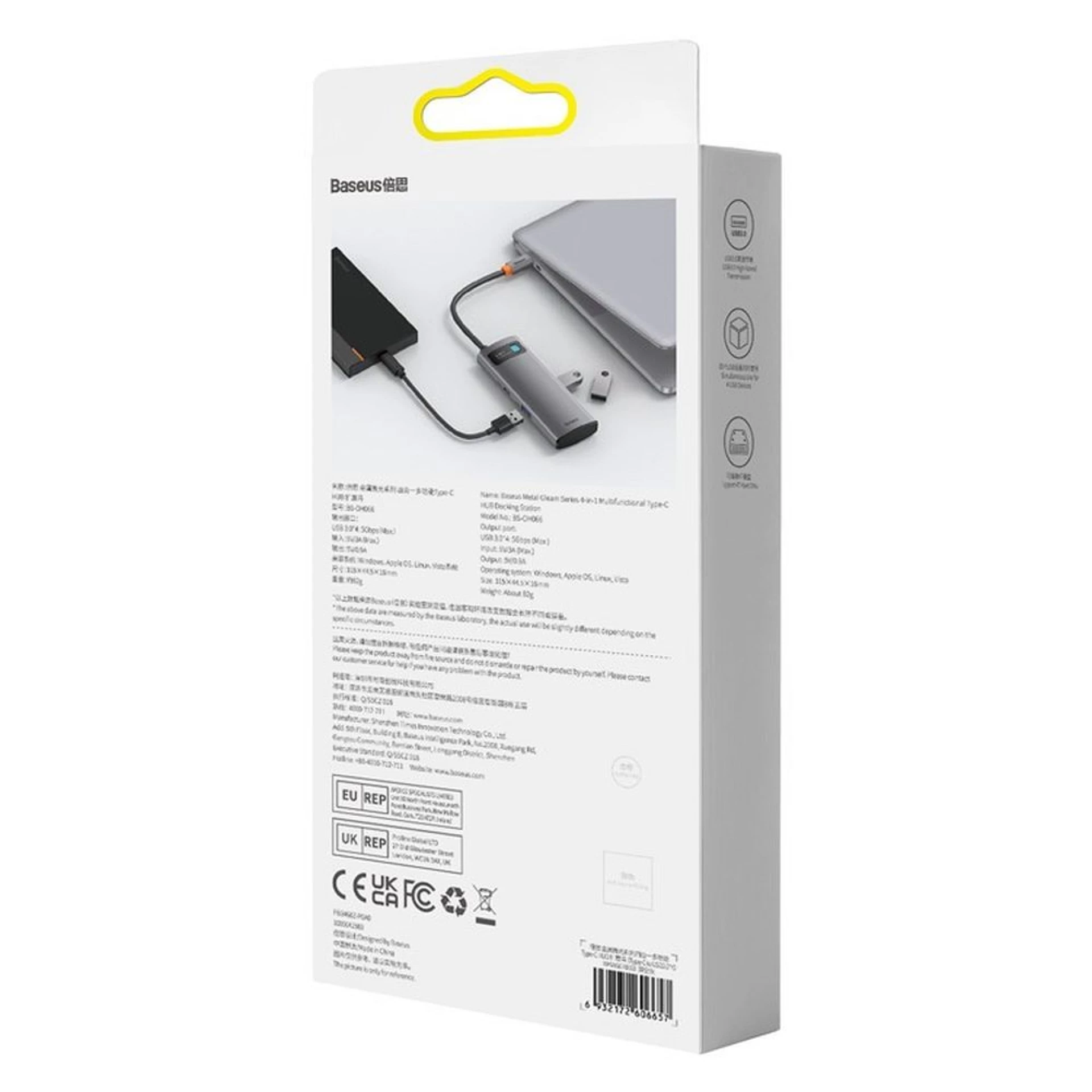 Adapter BASEUS HUB 4in1 Type C 0,17 m sivi