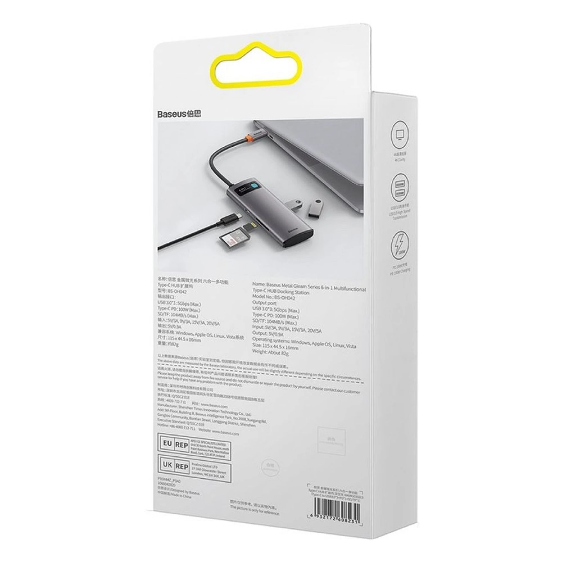 Adapter BASEUS HUB 6in1 Type C 0,15 m sivi