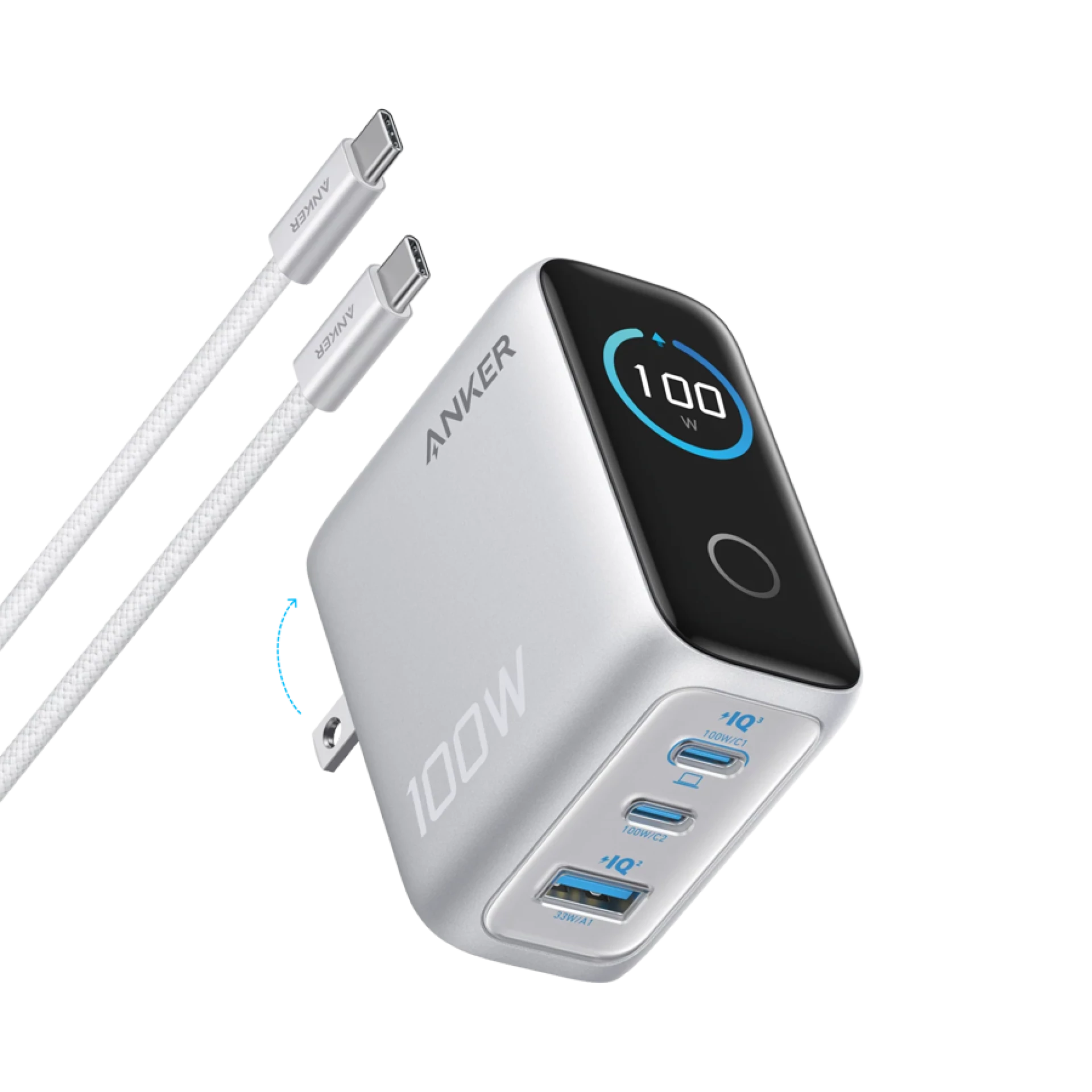Anker Charger (100W, 3 Ports, Smart Display) Silver