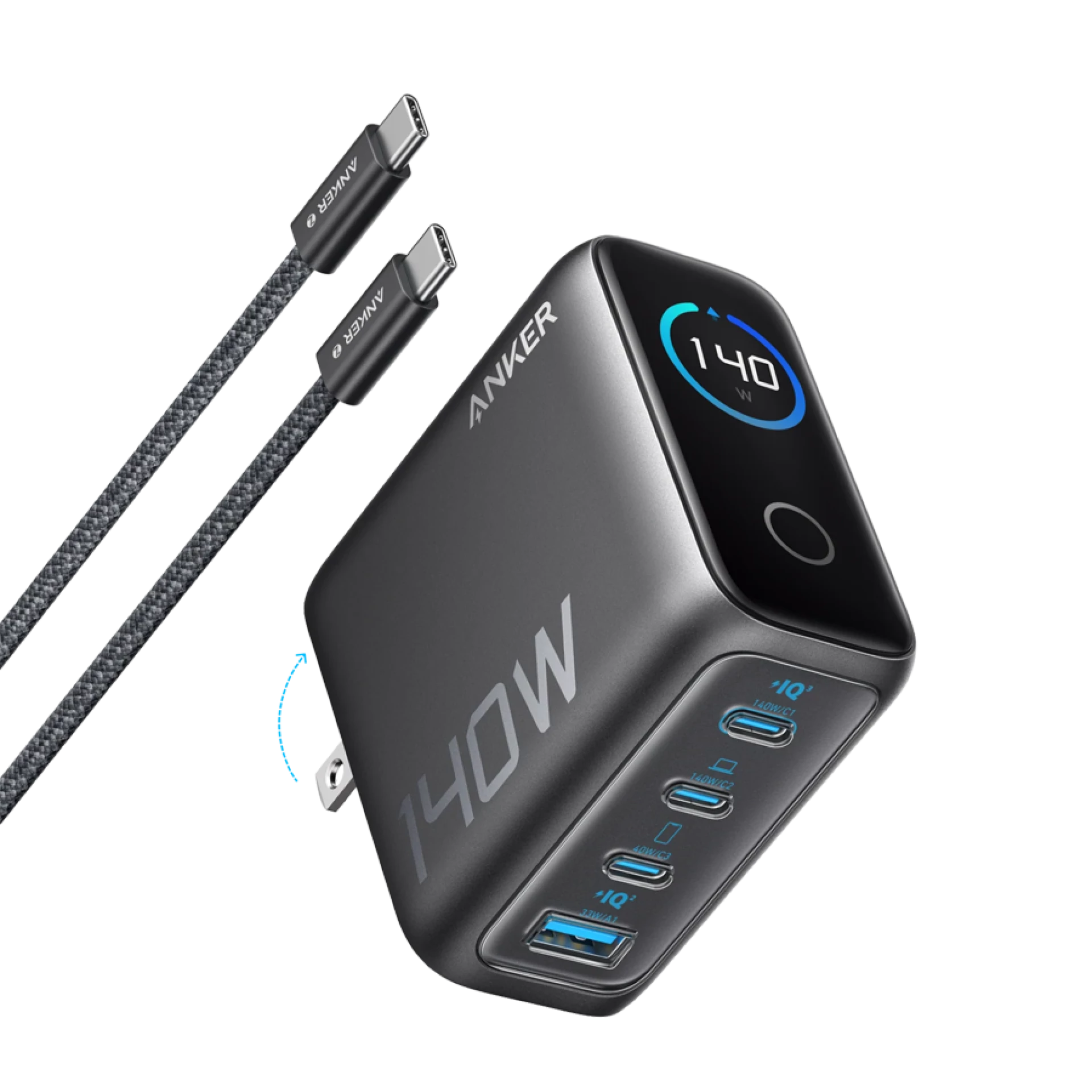 Anker Charger (140W, 4-Port, PD 3.1) with USB-C Cable Gray