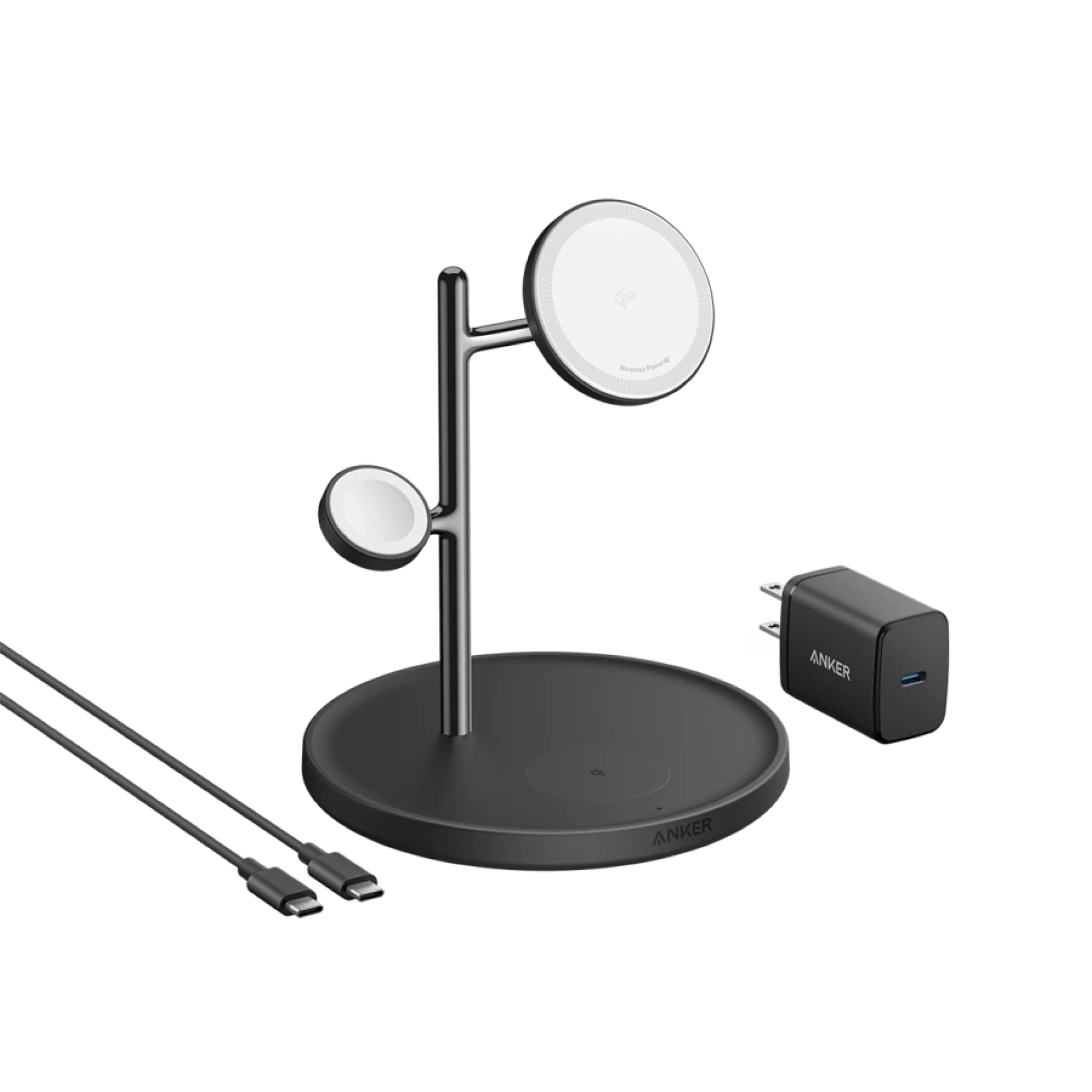 Anker MagGo Wireless Charging Station (15W, 3-in-1 Stand) with cable and charger bundle