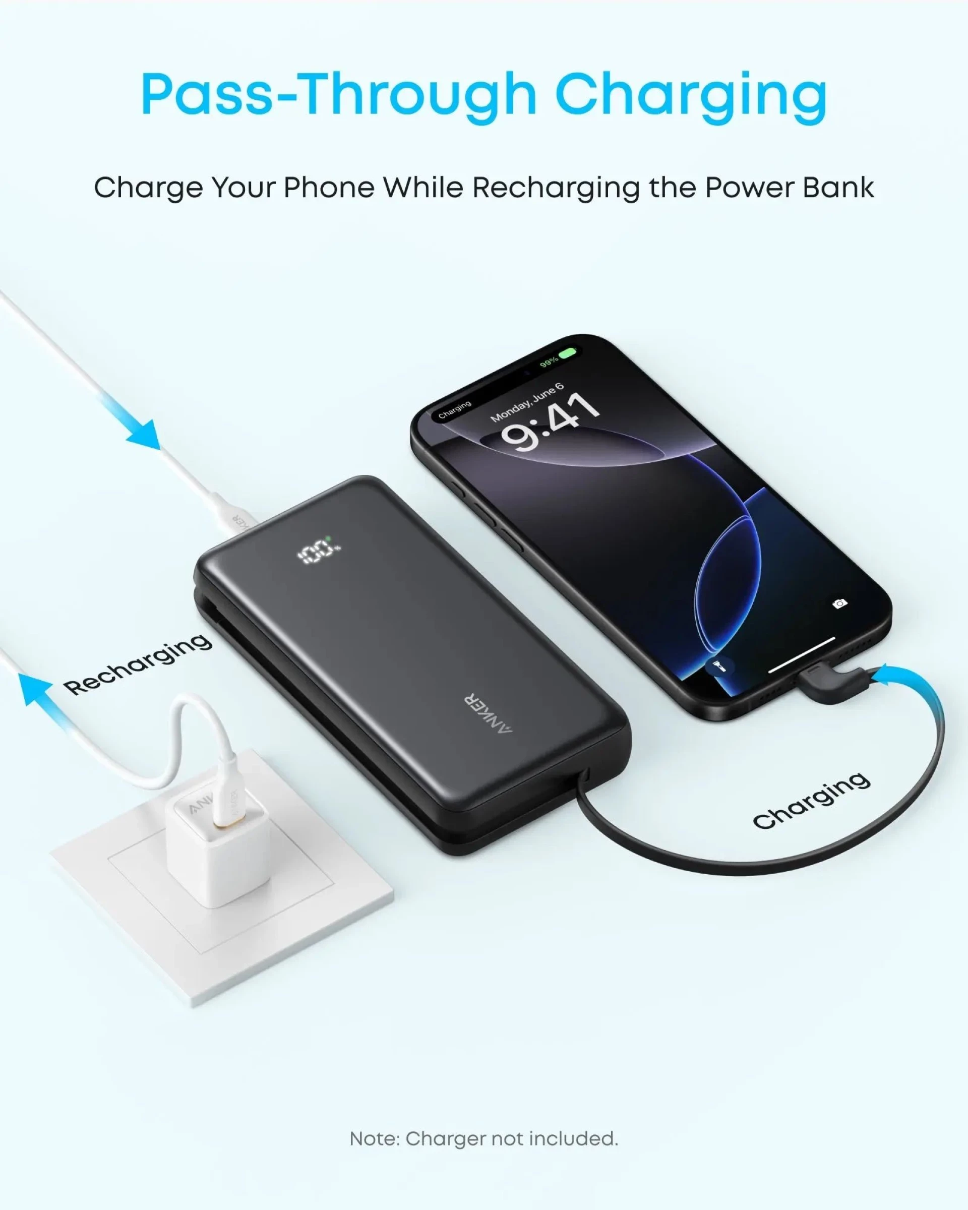 Anker Zolo Power Bank (20K, 22.5W, Built-In USB-C Cable) White 1x USB-A, 2x USB-C