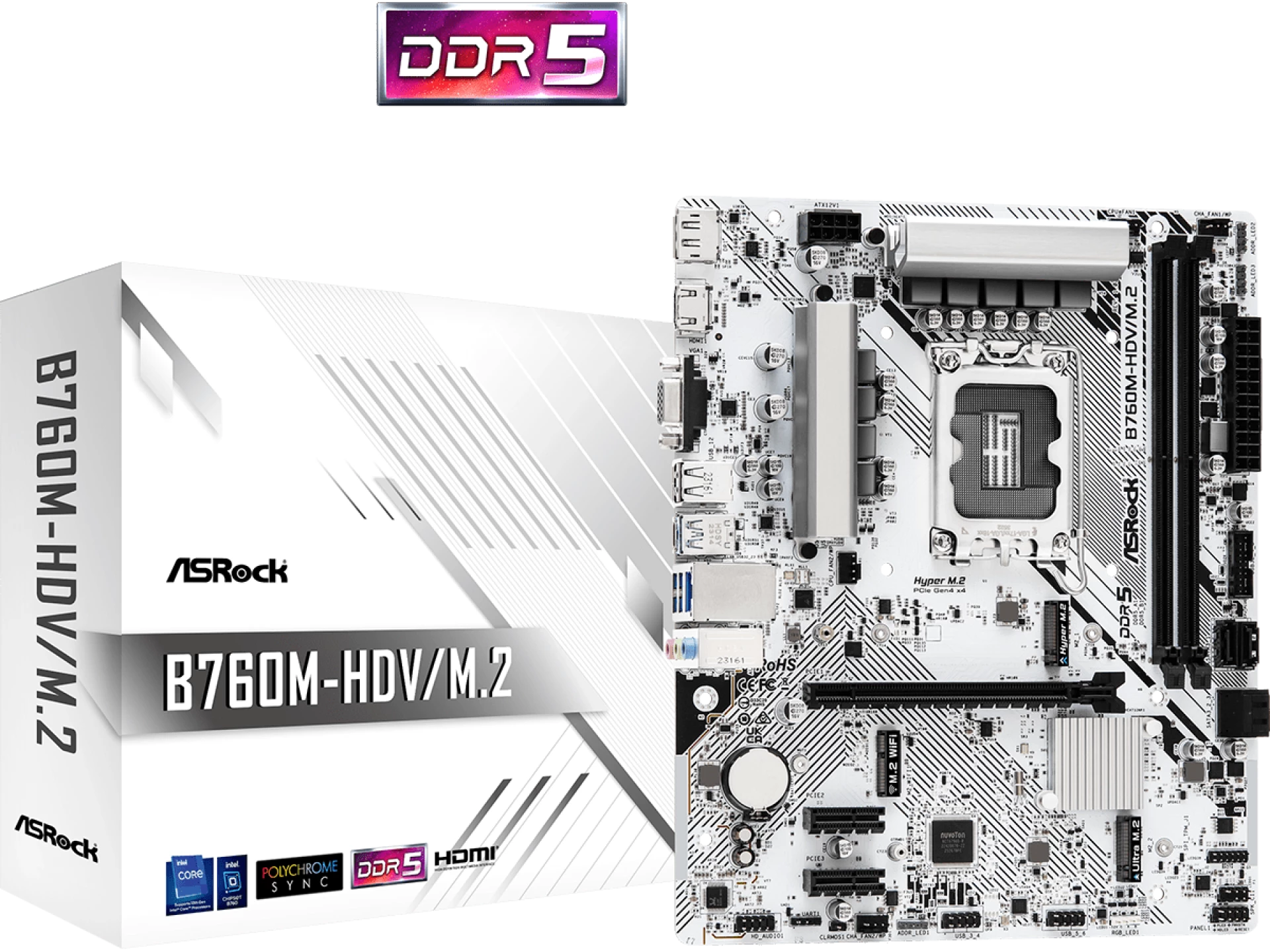 ASROCK MB B760-HDV/M.2B760, LGA1700, 2xDDR5, 2xM.24xSATA,RAID,HDMI,DP,VGA,MicroATX, White