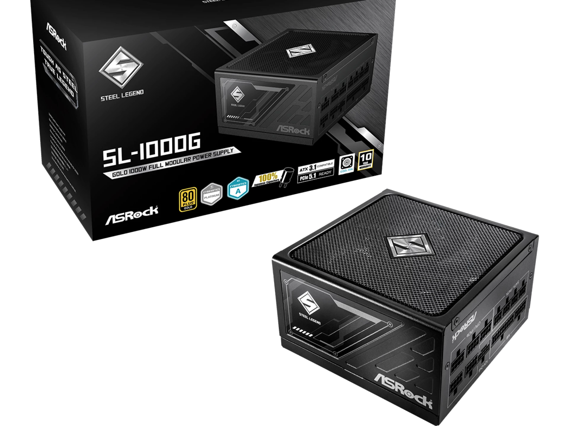 ASROCK PSU 1000W Gold Steel LFully Modular,80PLUS,135mm fanATX 3.1. PCIe 5.1, Japanese Capacitors