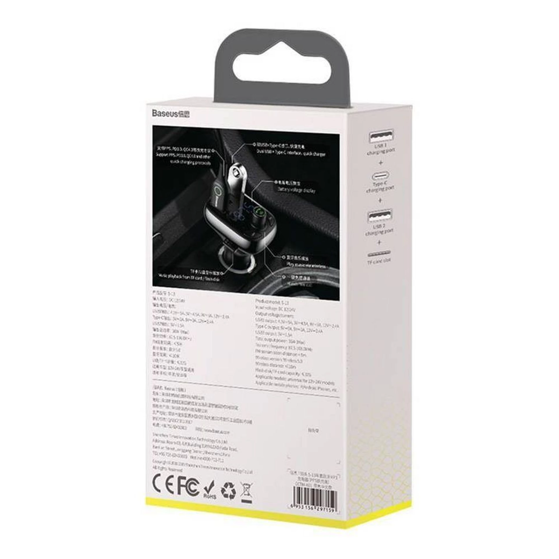 Auto punjač BASEUS 2 x USB A + Type C + transmitter FM BT PD QC4.0 5A 36W S-13 C