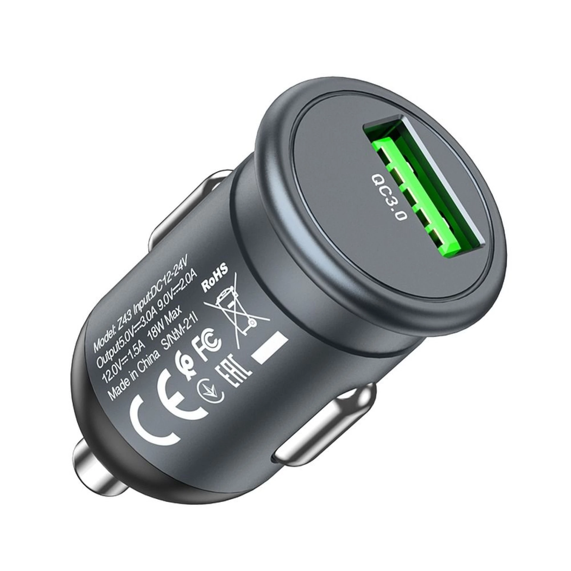 Auto punjač HOCO USB A QC3.0 18W Z43 grey