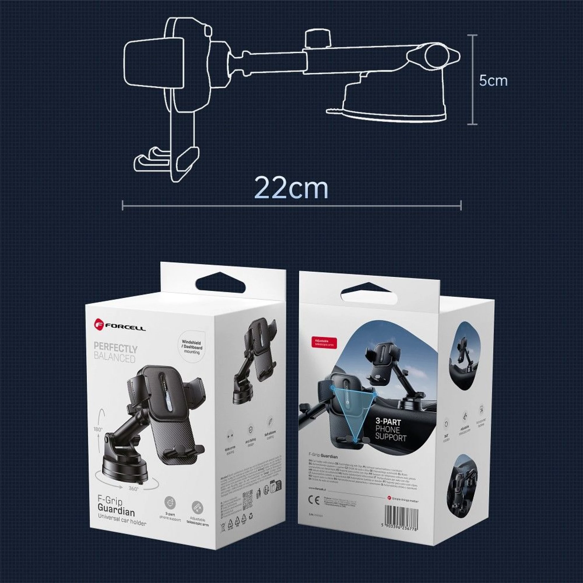 Autodržač FORCELL F-Grip Guardian to windshield/center console crni