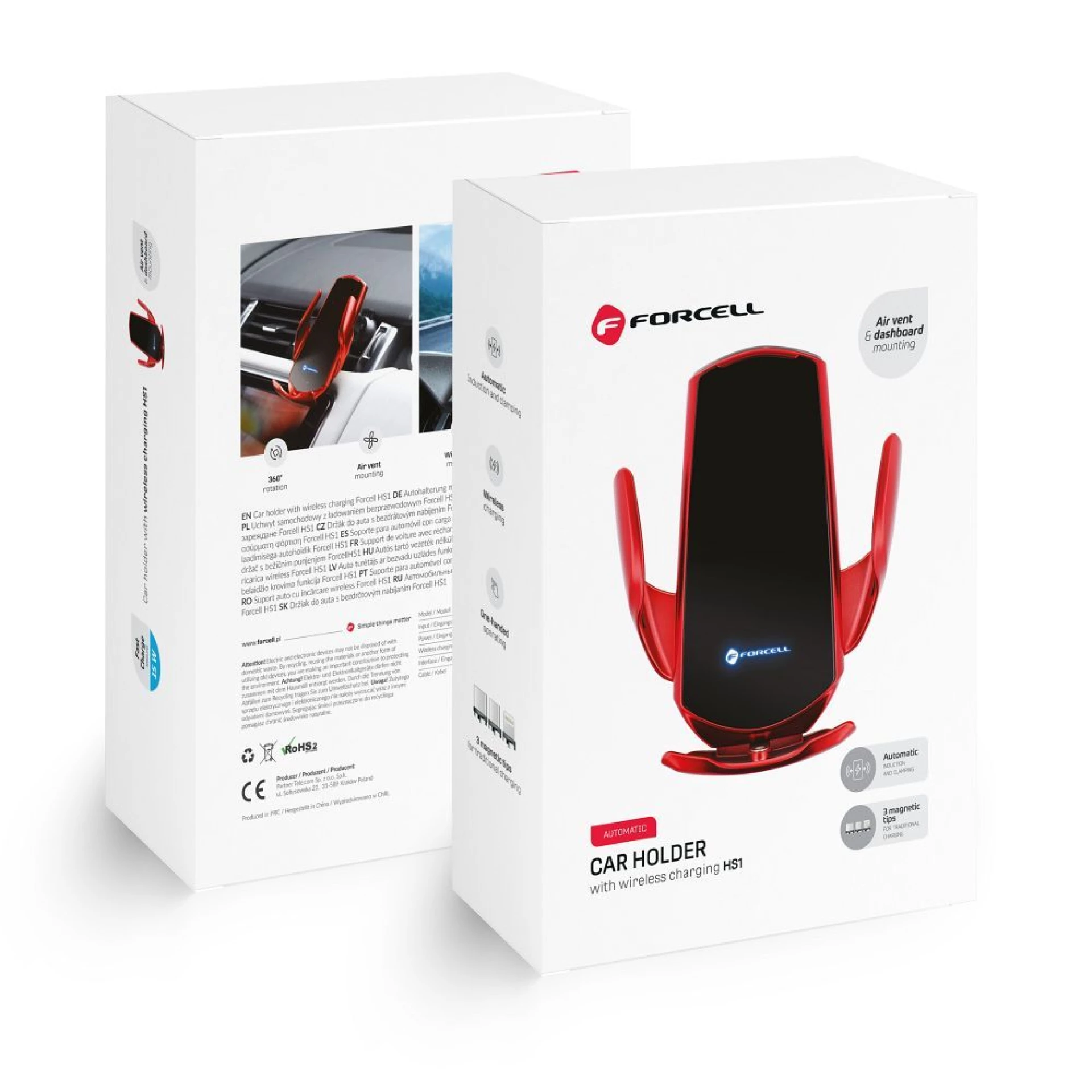 Autodržač Forcell sa wireless charging + automatic sensor HS1 15W crveni
