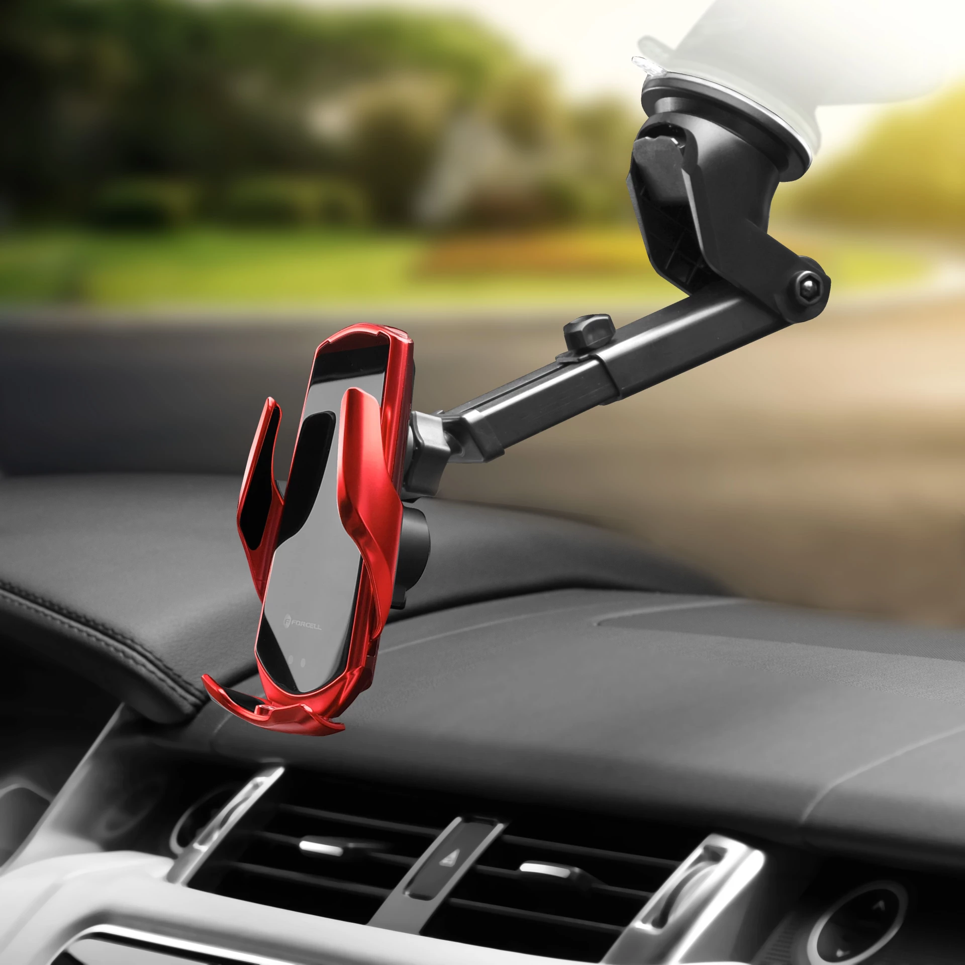 Autodržač Forcell sa wireless charging + automatic sensor HS1 15W crveni