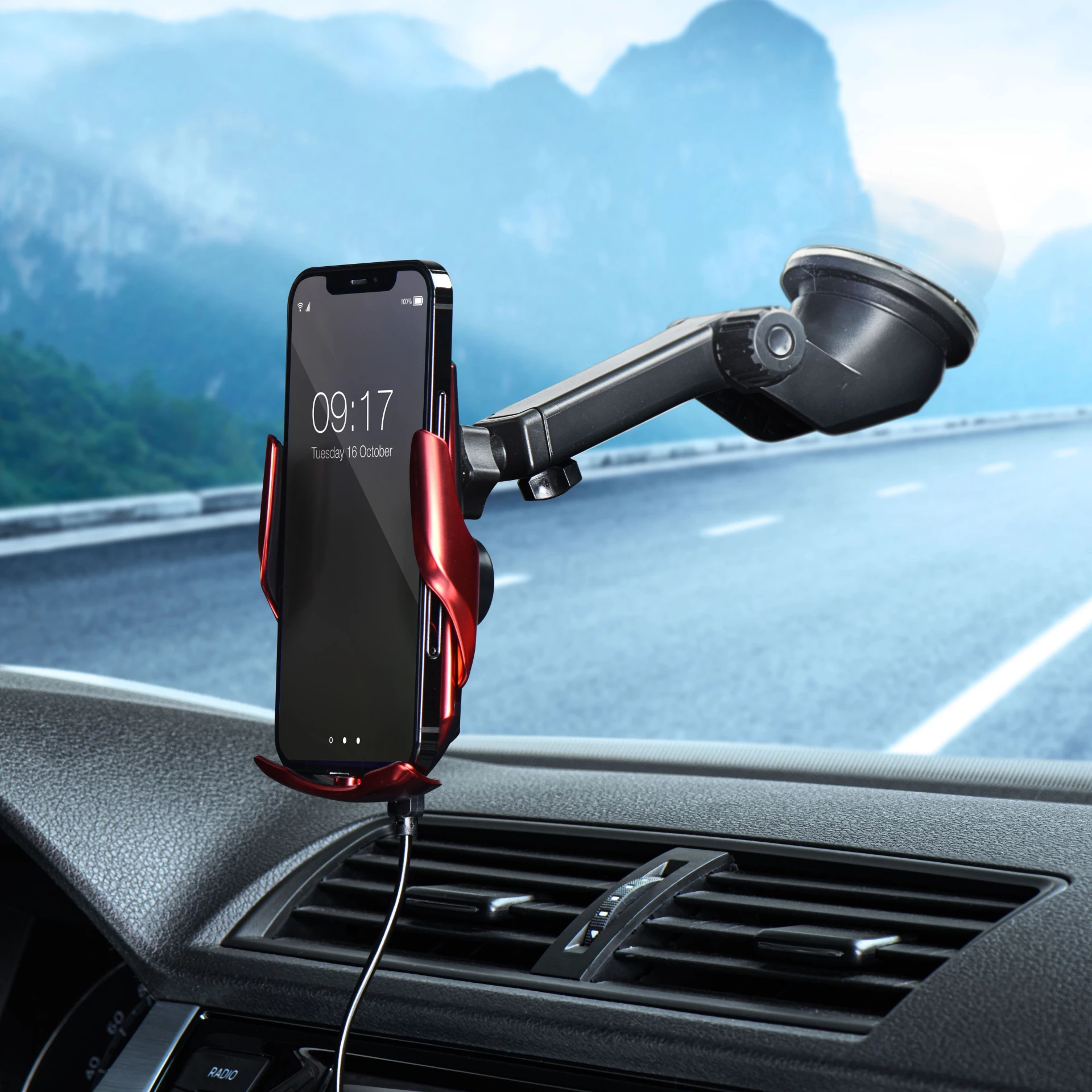 Autodržač Forcell sa wireless charging + automatic sensor HS1 15W crveni