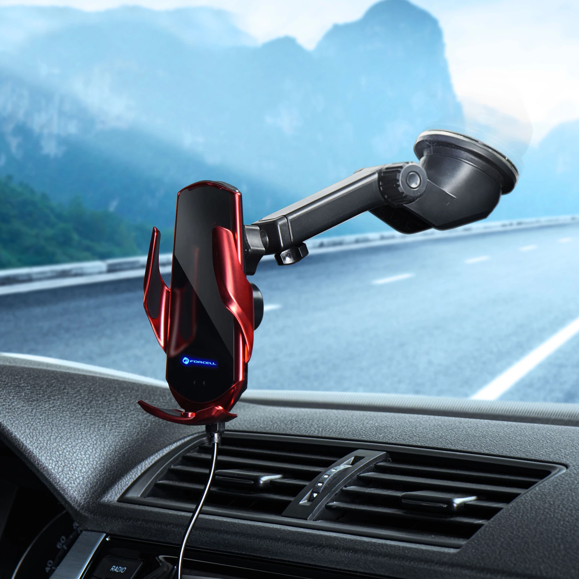 Autodržač Forcell sa wireless charging + automatic sensor HS1 15W crveni
