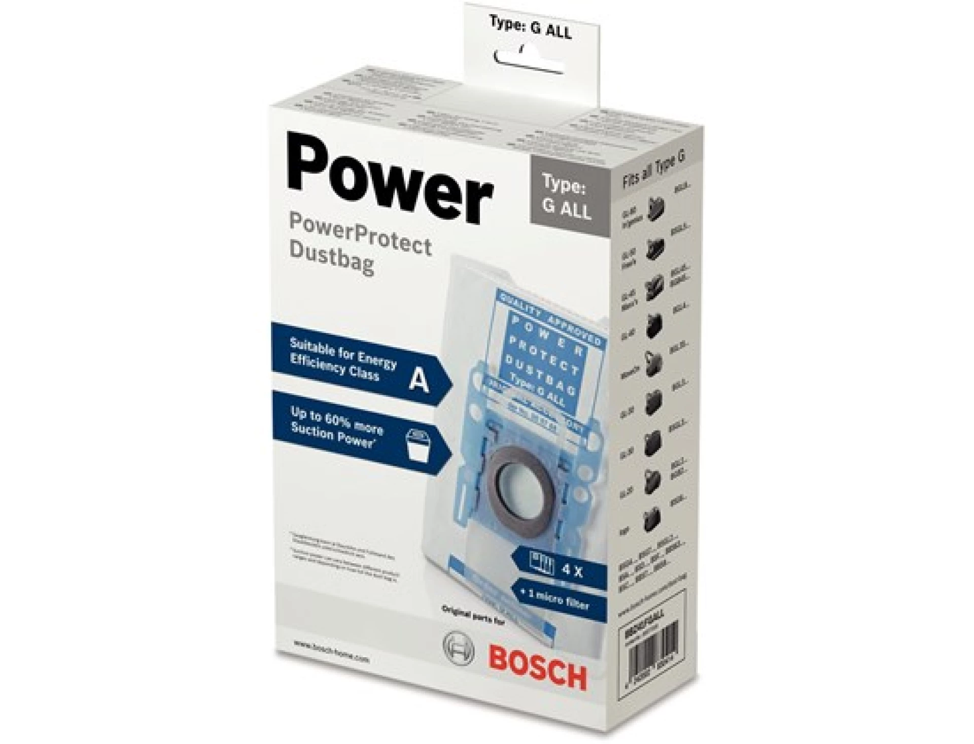 BOSCH Vrećice za usisivačeType G ALL; filtrira 99,9 %Do 60% veća snaga usisa; 4 vrećice BBZ41FGALL