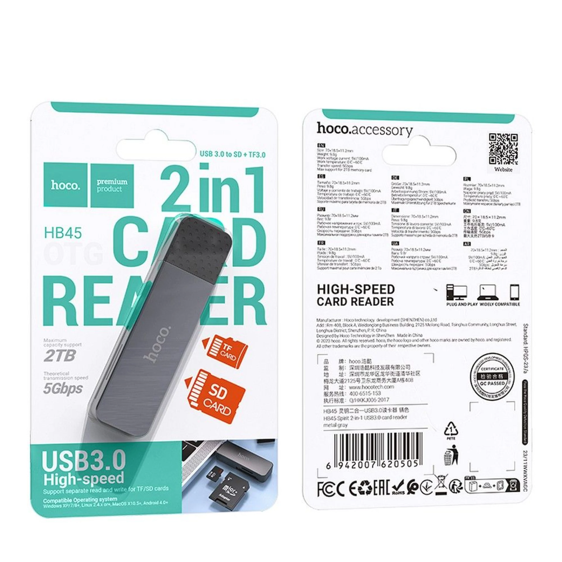 Čitač kartica HOCO 2in1 USB A 3.0 HB45 metal gray