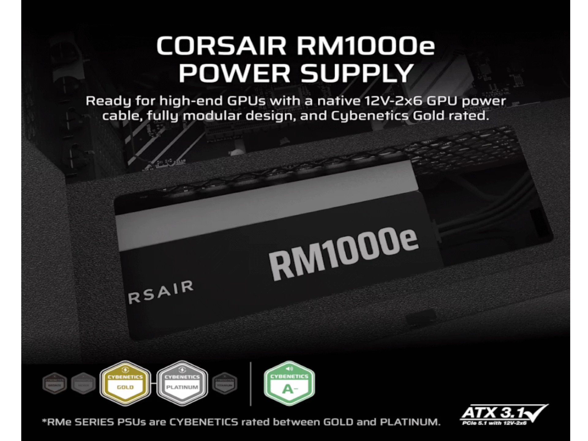 Corsair PSU 1000W RM1000eGold, Fully Modular, 12V-2x66xSATA, 3xPCIe, ATX 3.1, PCIe 5.1